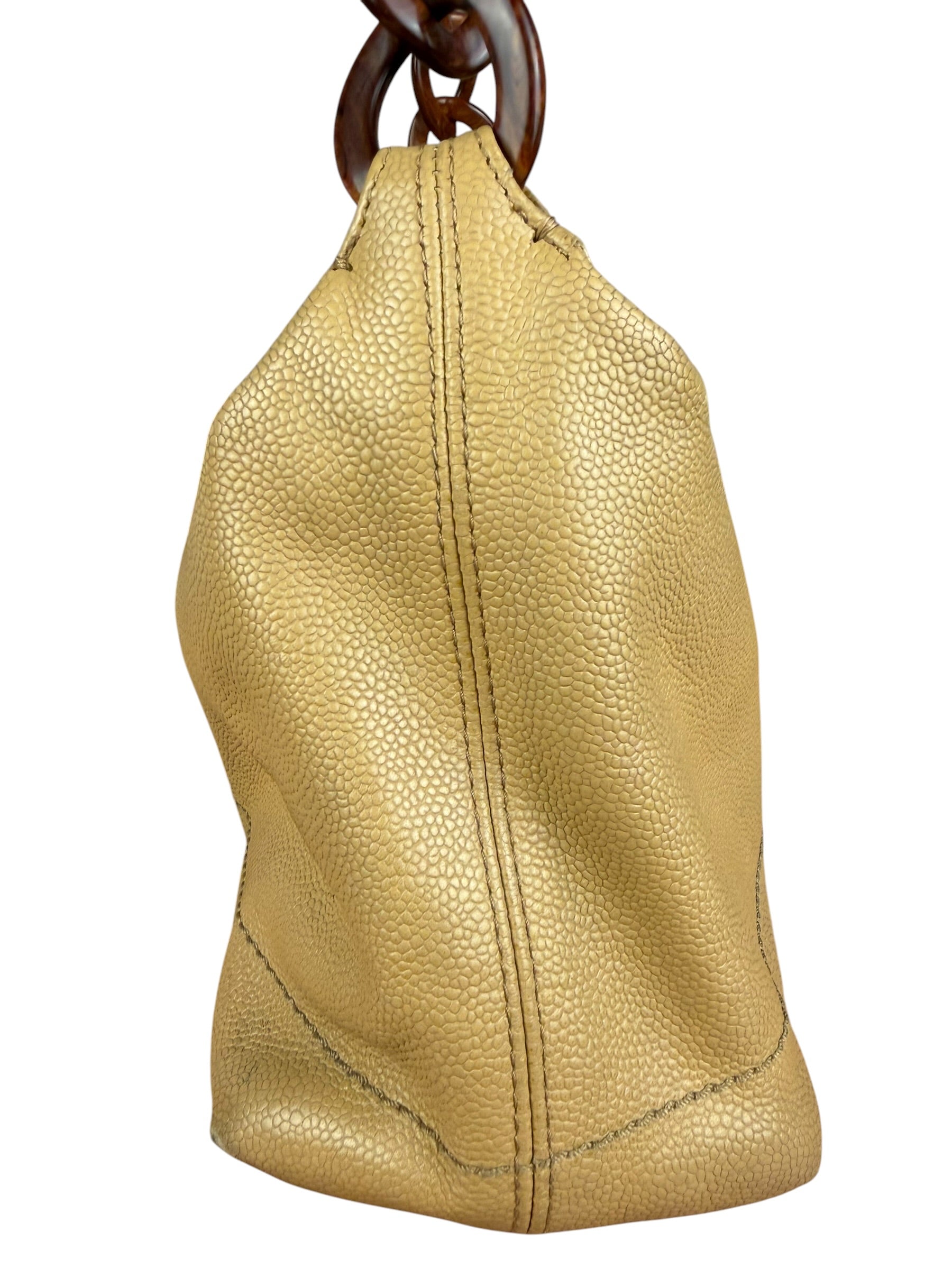 Chanel CC Vintage Beige Leather Caviar Wood Chain Hobo Bag