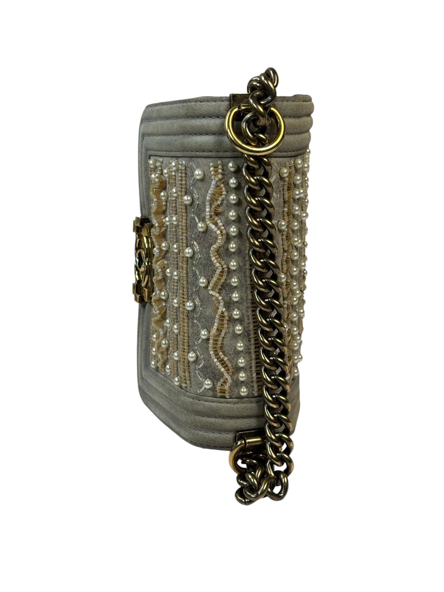 Chanel Grey Suede Beaded Pearl/Bead Boy Flap 2014