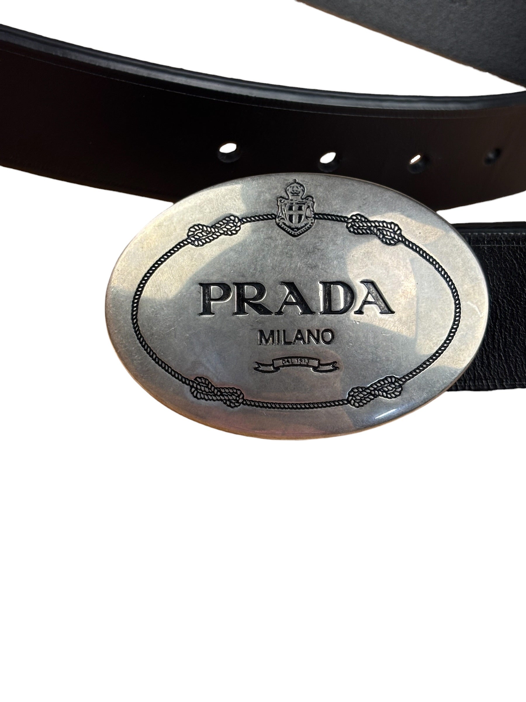 Prada Silver Emblem Leather Belt