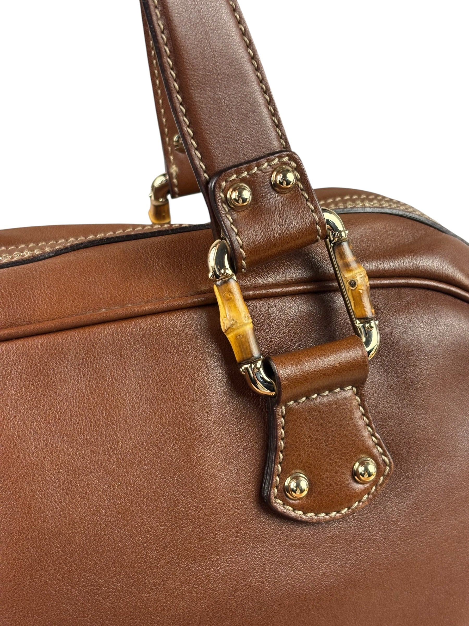 Gucci Tan Brown Leather Bamboo Handle Boston Bag