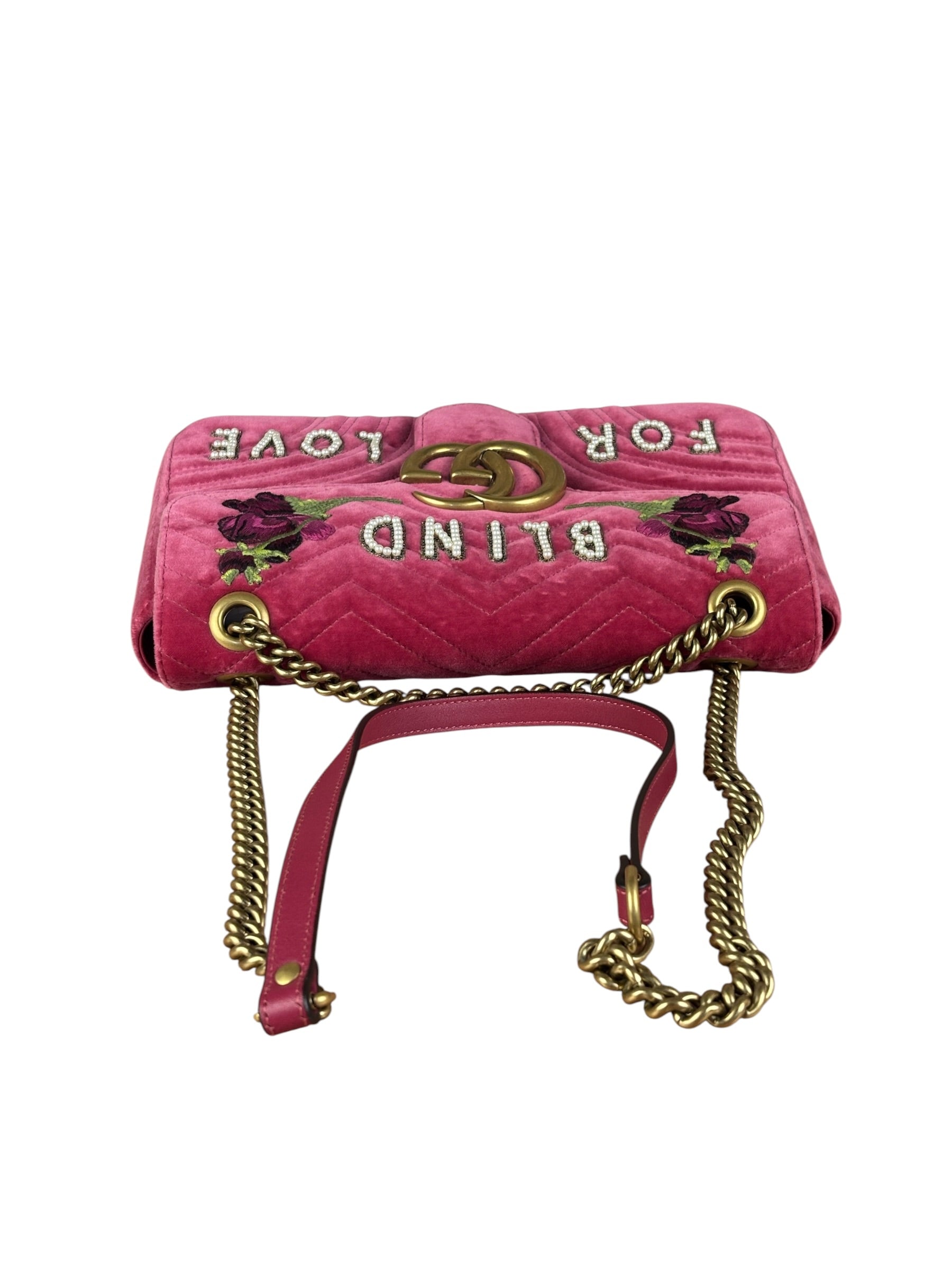 Gucci Pink GG Velvet Marmont "Blind for Love" Flap Bag