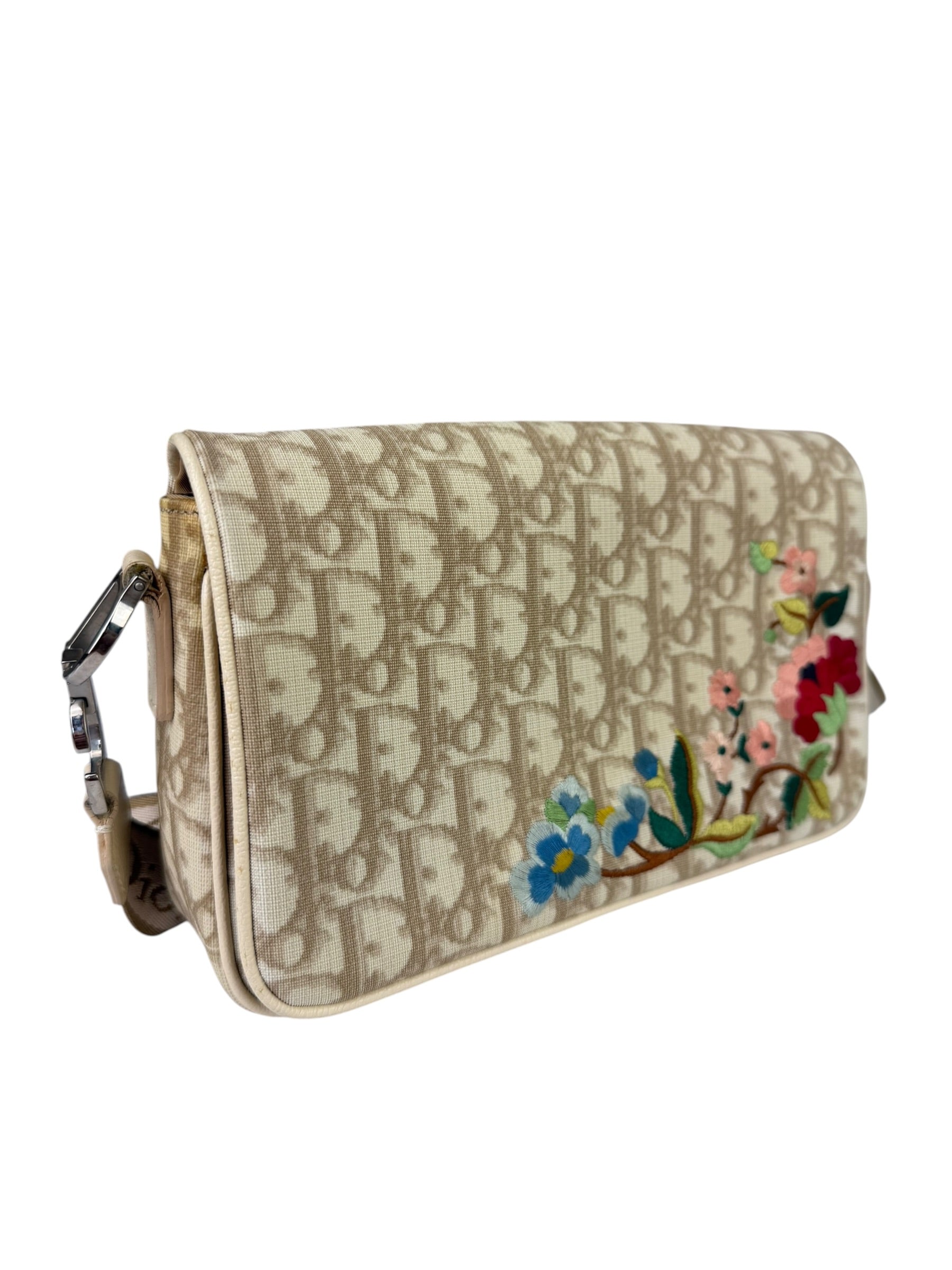 Christian Dior Beige Leather Trim Trotter Floral Embroidered Flap Bag