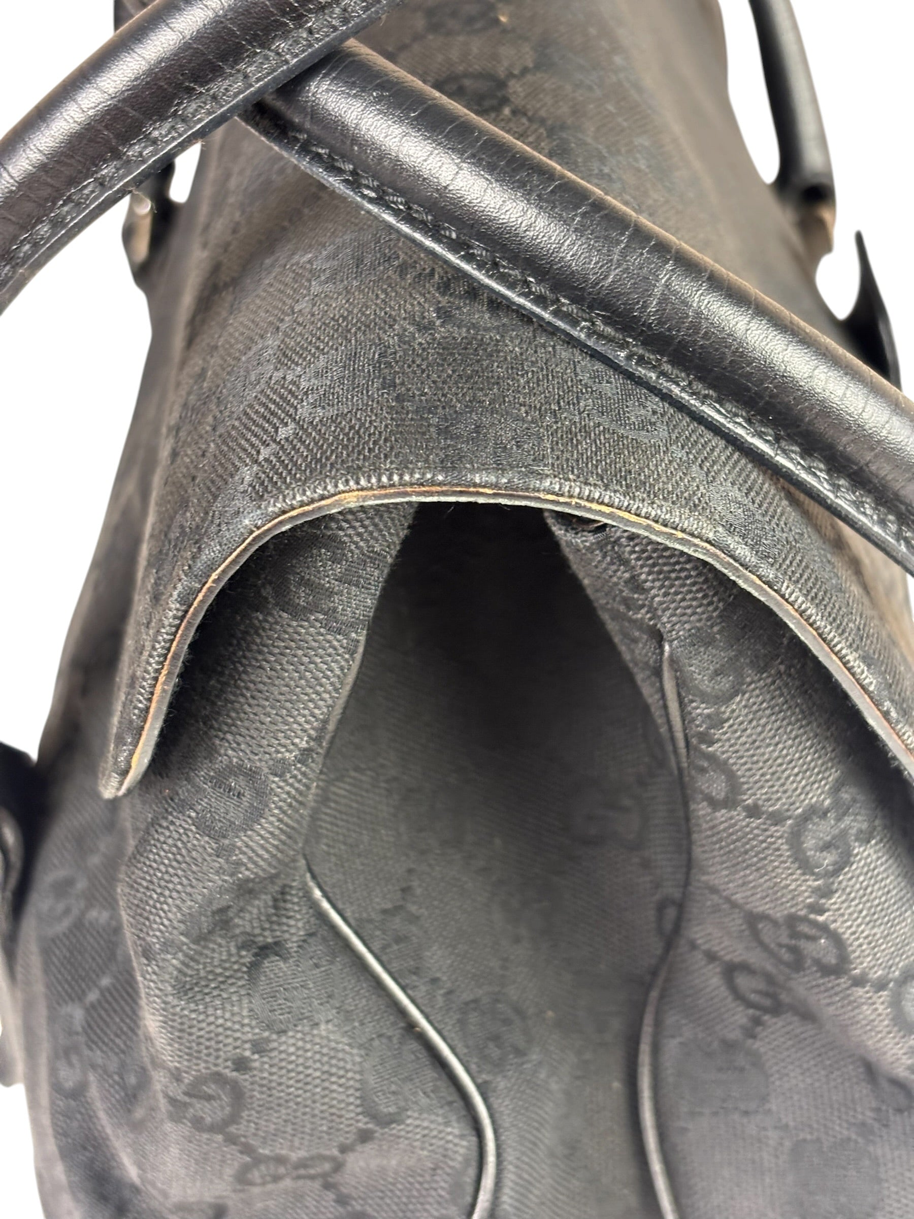 Gucci Black Leather Trim GG Horsebit Shoulder Bag