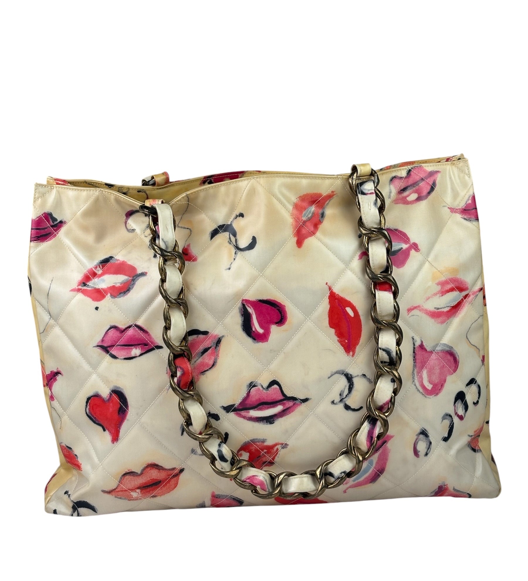 Chanel Vintage Beige Quilted PVC Kisses & Lips Print Tote 1994