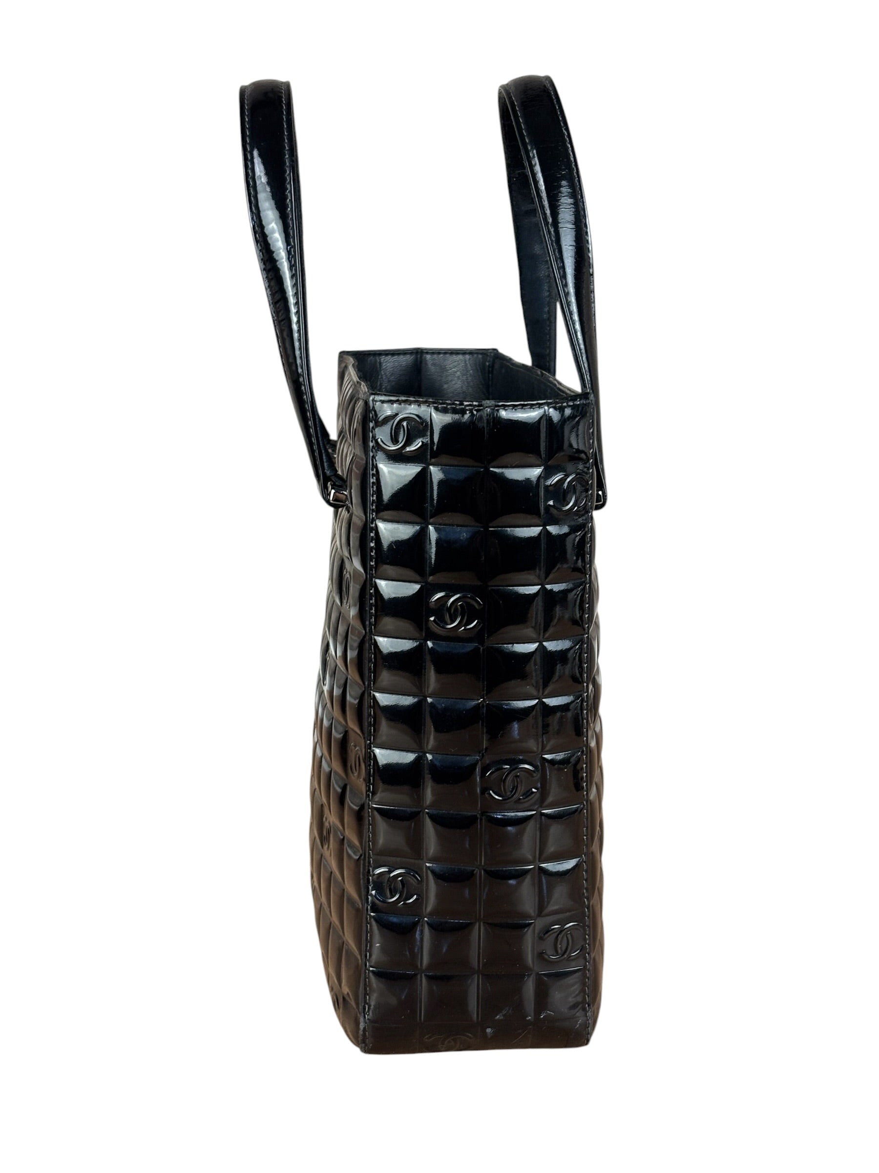 Chanel Vintage Black Patent Leather Chocolate Bar Pyramidal Tote Bag 2002