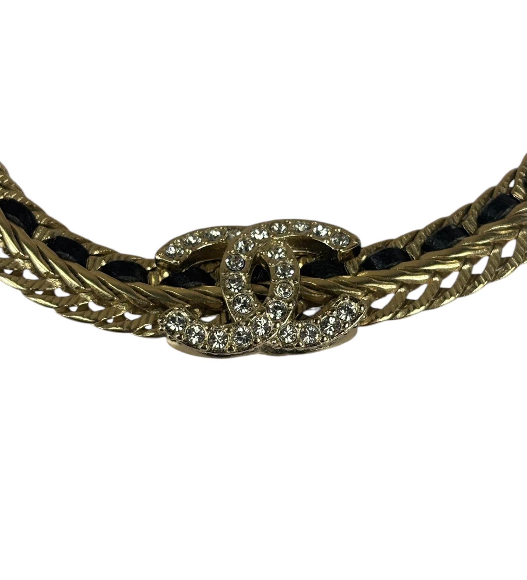 Chanel Black Leather Trim Gold-Tone Chain Choker 22S