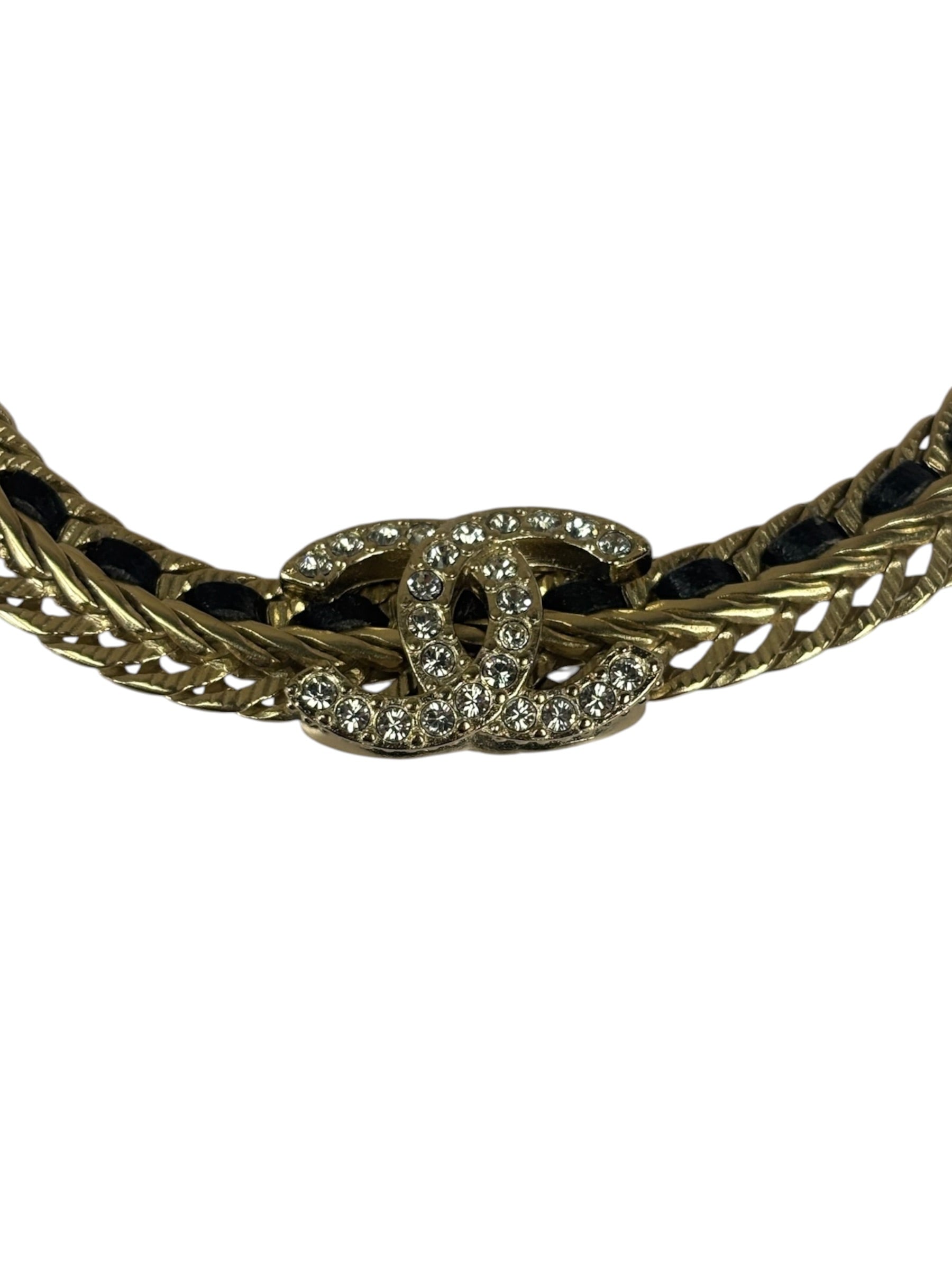 Chanel Black Leather Trim Gold-Tone Chain Choker 22S