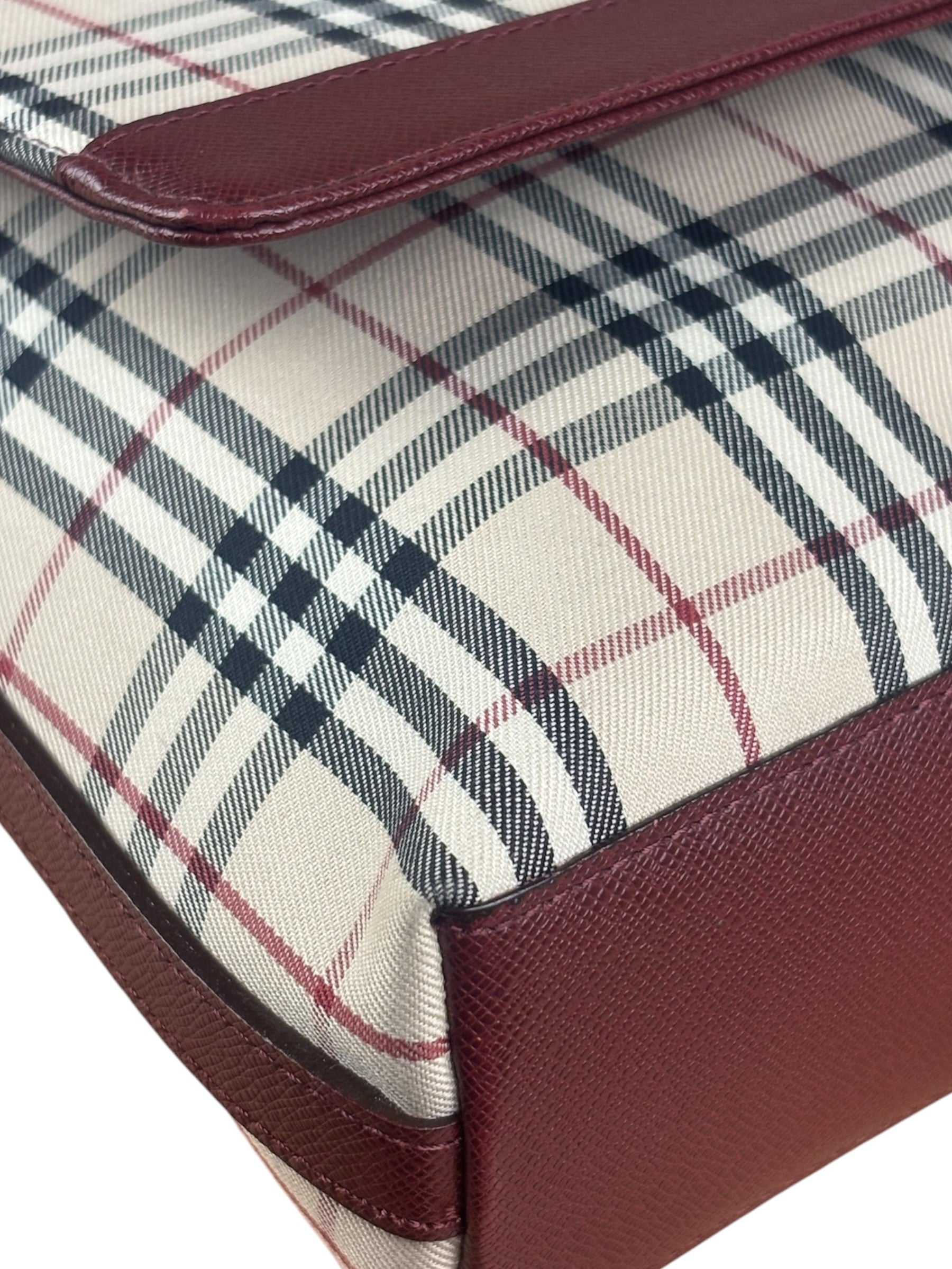 Burberry Burgundy Leather Trim House Check Shoulder Bag