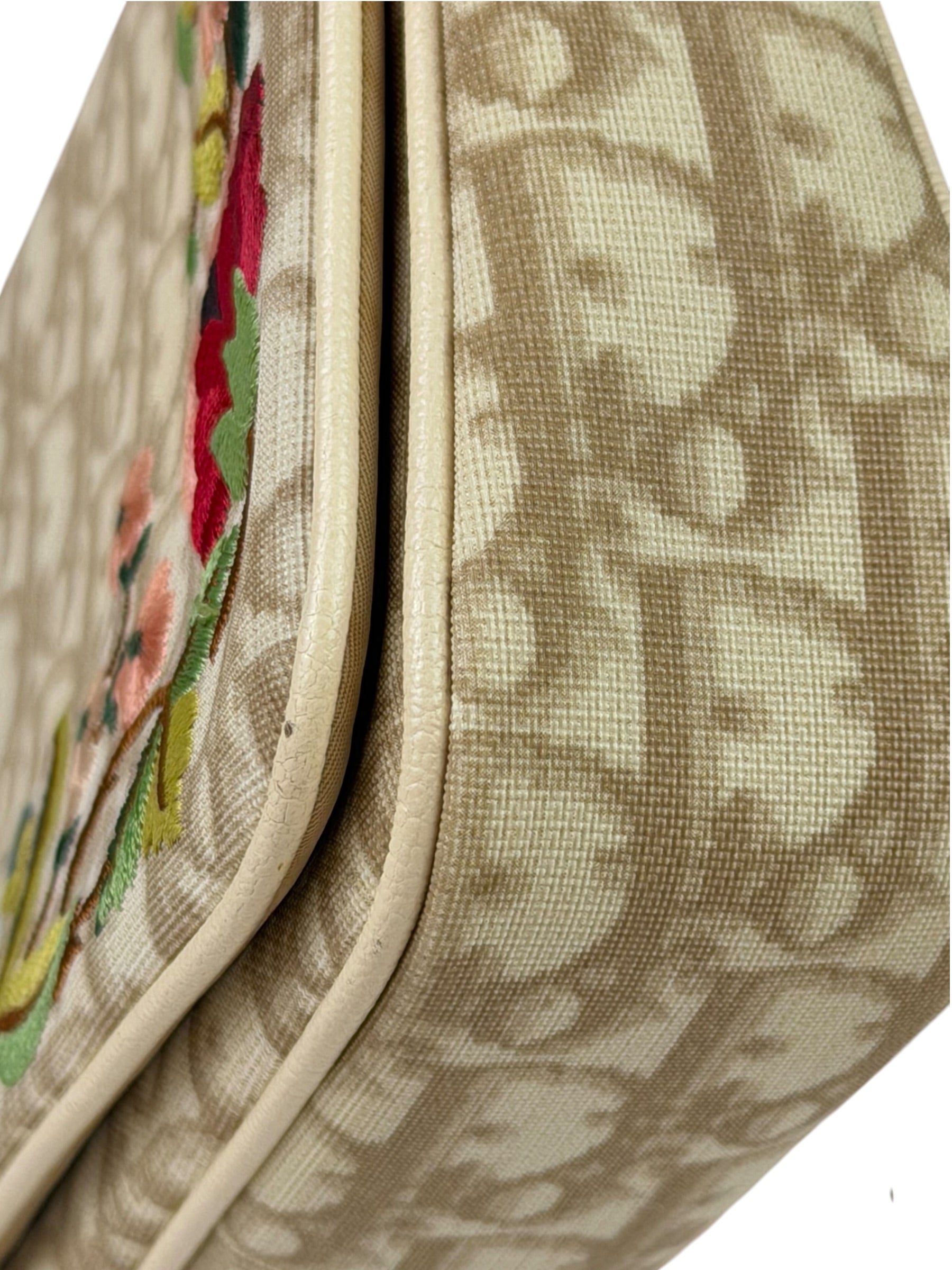 Christian Dior Beige Leather Trim Trotter Floral Embroidered Flap Bag
