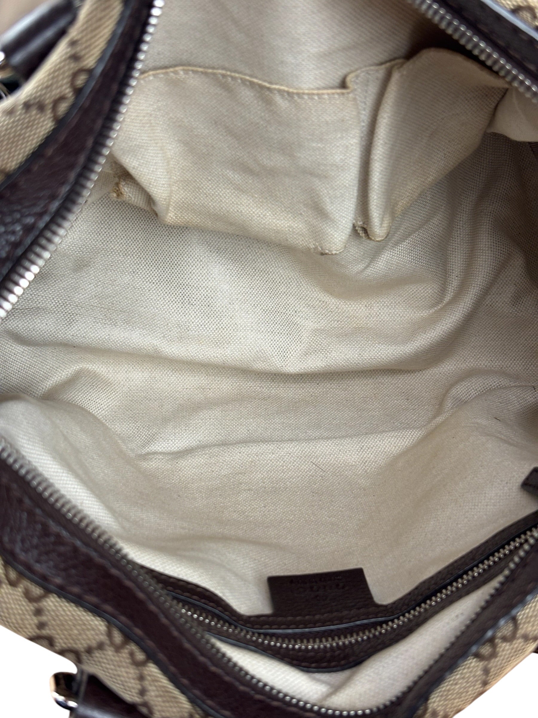 Gucci GG Leather Trim Canvas Techno Boston Handbag