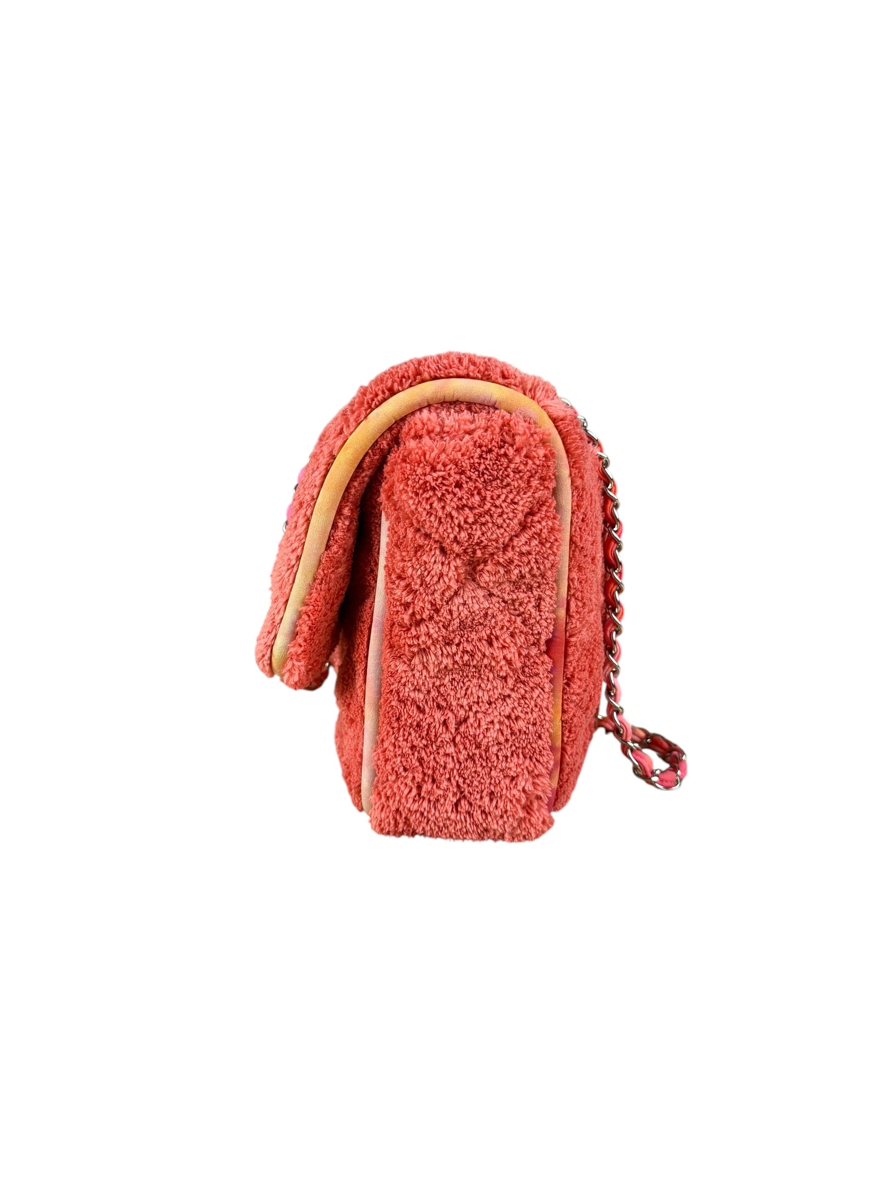 Chanel Coral Terry Cloth Quilted Jumbo Single Flap Shoulder Bag2020