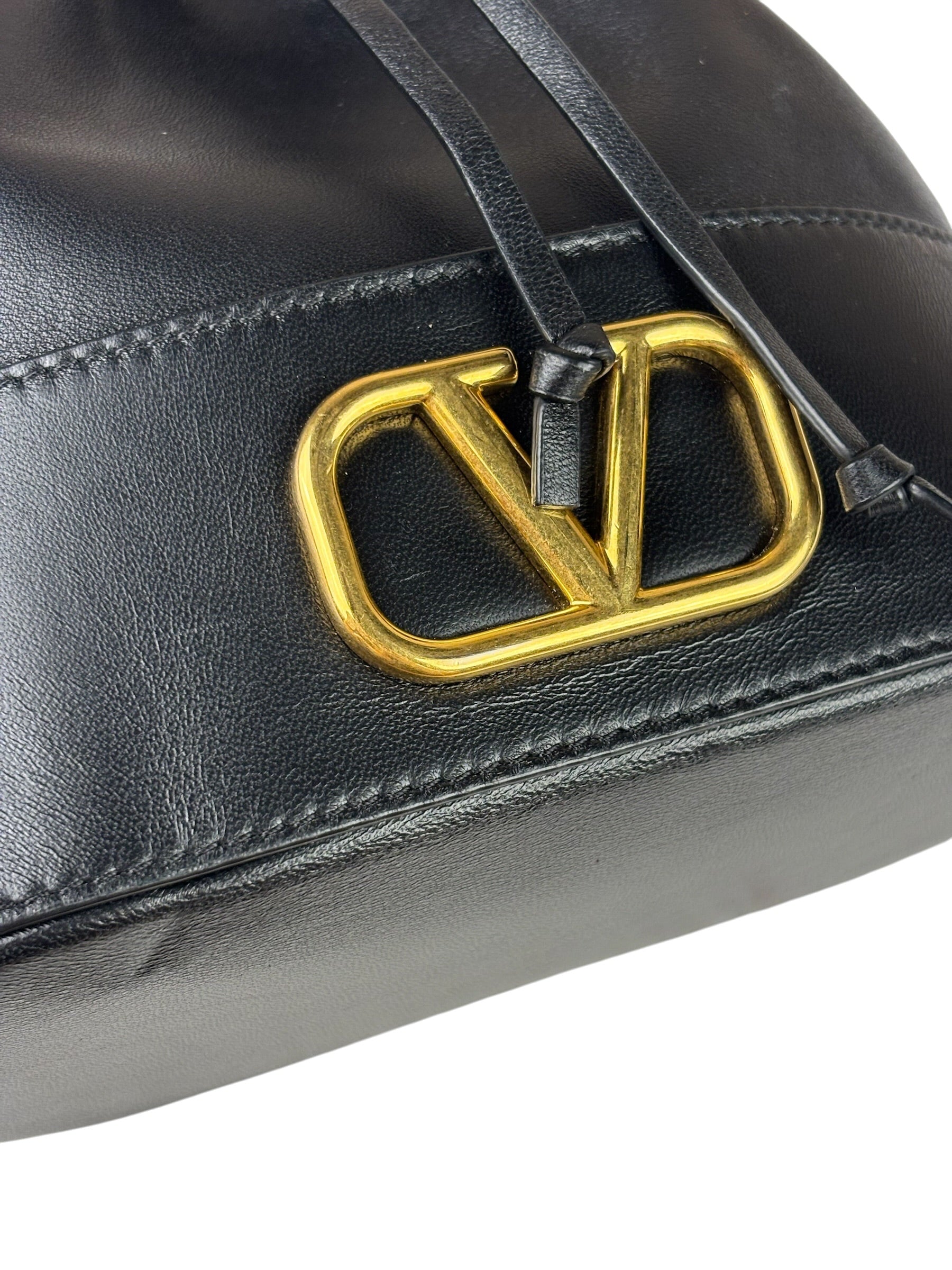 Valentino Black Leather Garavani Mini V Logo Signature Bucket Bag