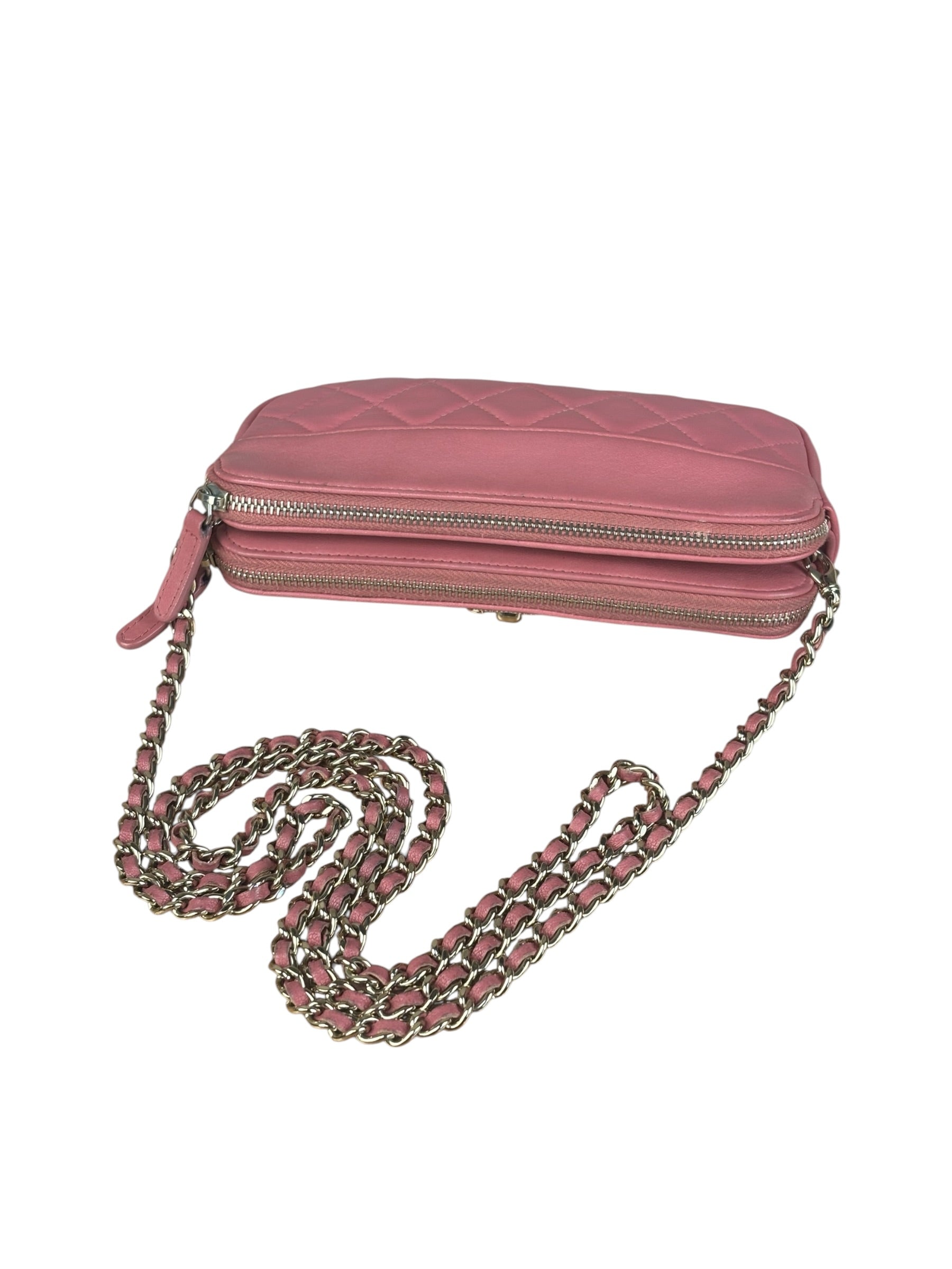 Chanel Pink Quilted Leather Zip Wallet on Chain Bag 2018