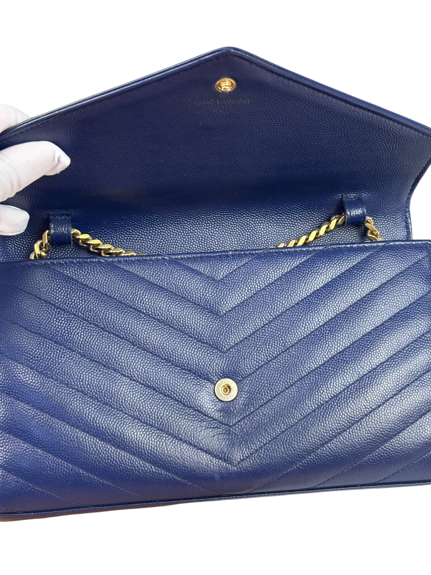YSL Navy Blue Chevron Leather Cassandre Envelope Wallet On Chain