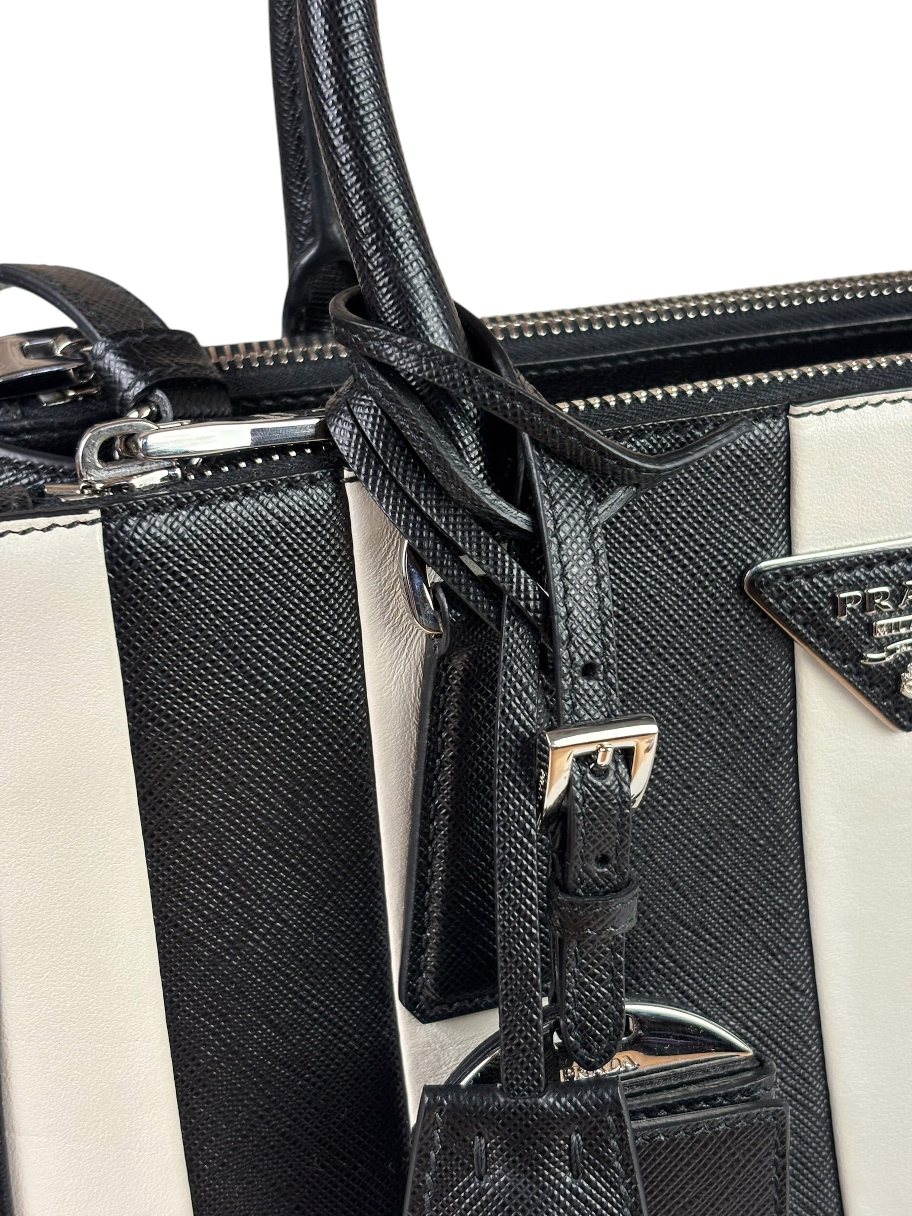 Prada Black/White Saffiano Leather Striped Two-Way Bag