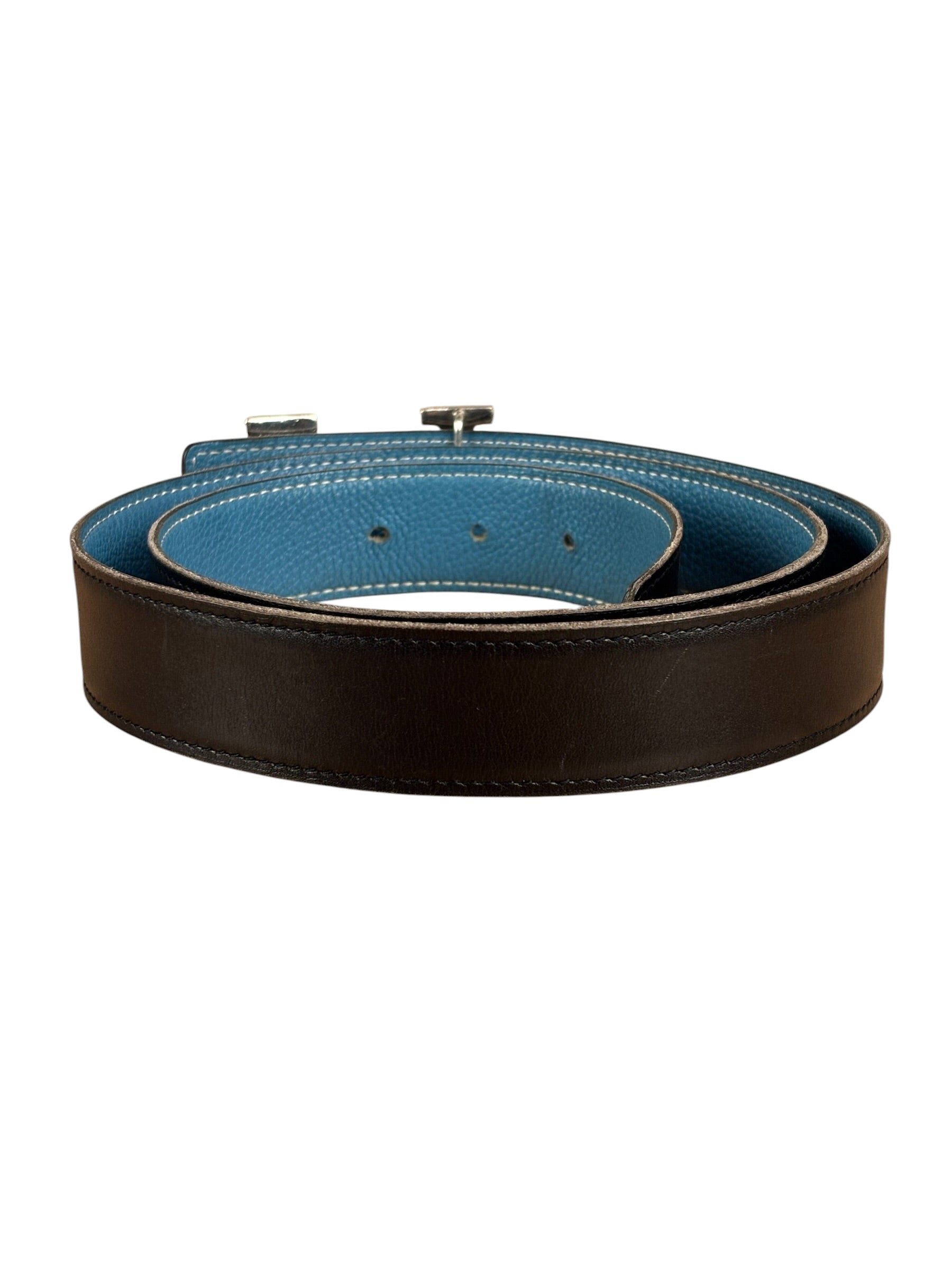 Hermes Tuareg H Solid Silver Buckle Black/Blue Belt