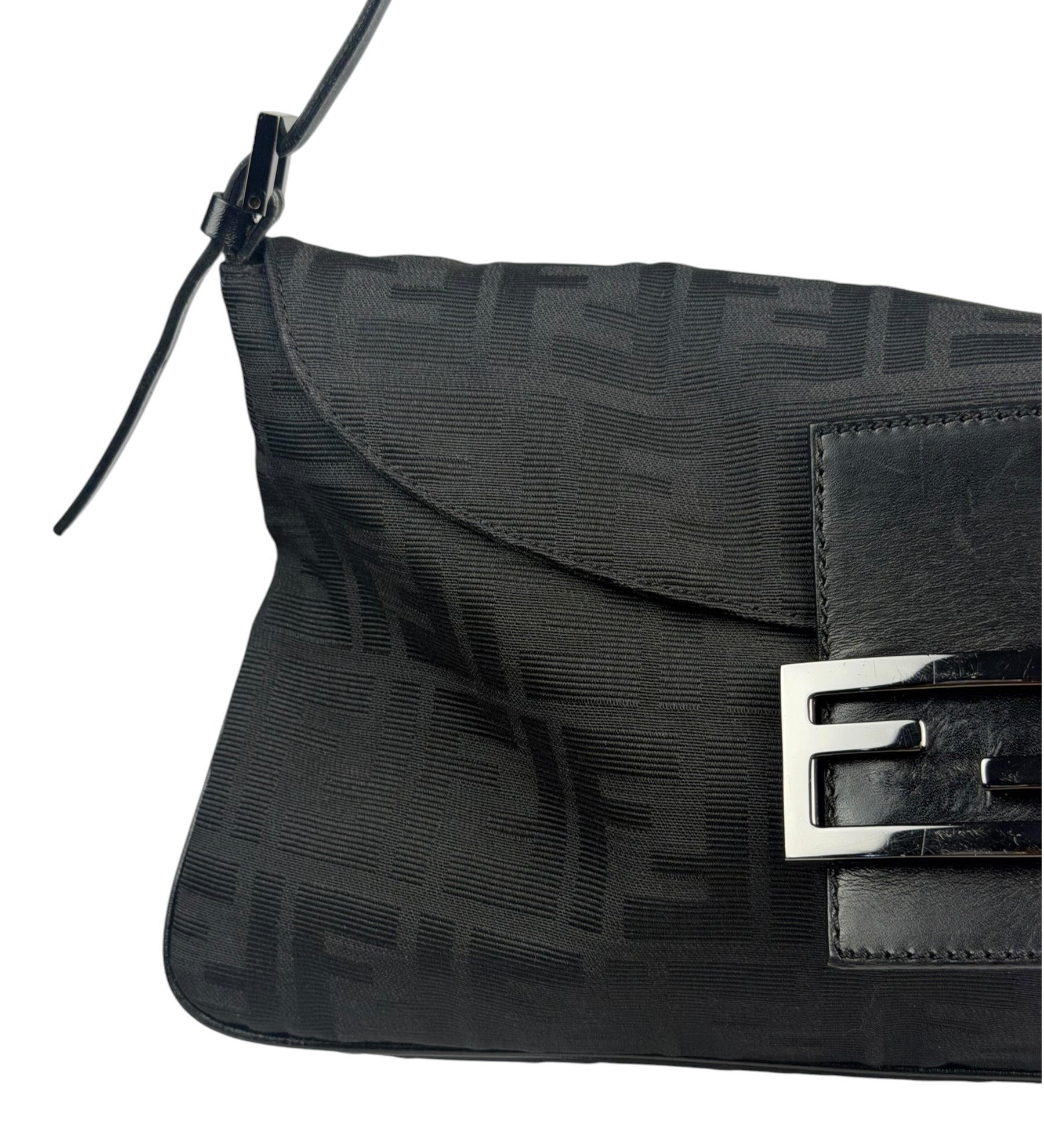 Fendi Black Leather Trim Zucca Mamma Baguette