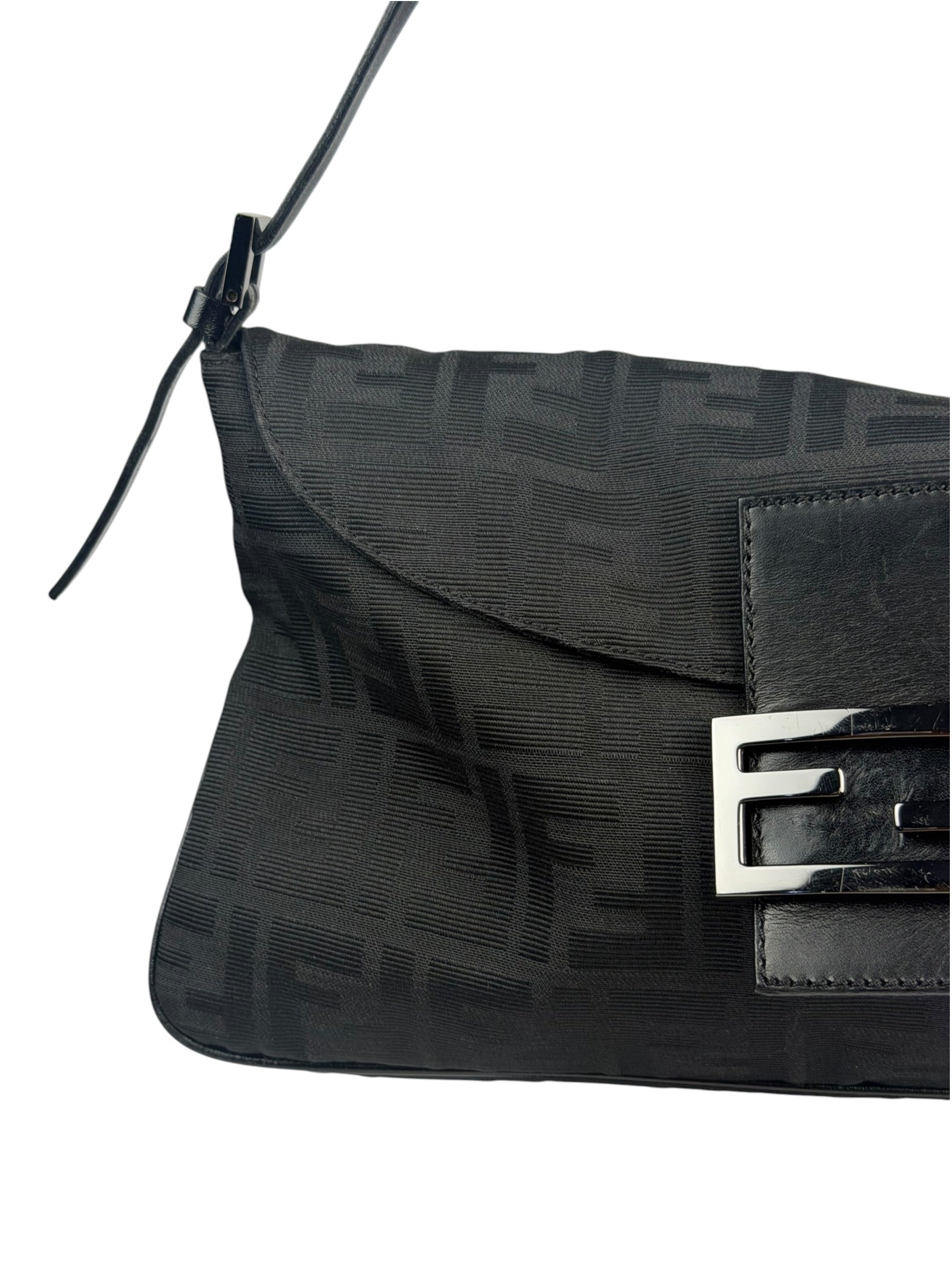 Fendi Black Leather Trim Zucca Mamma Baguette