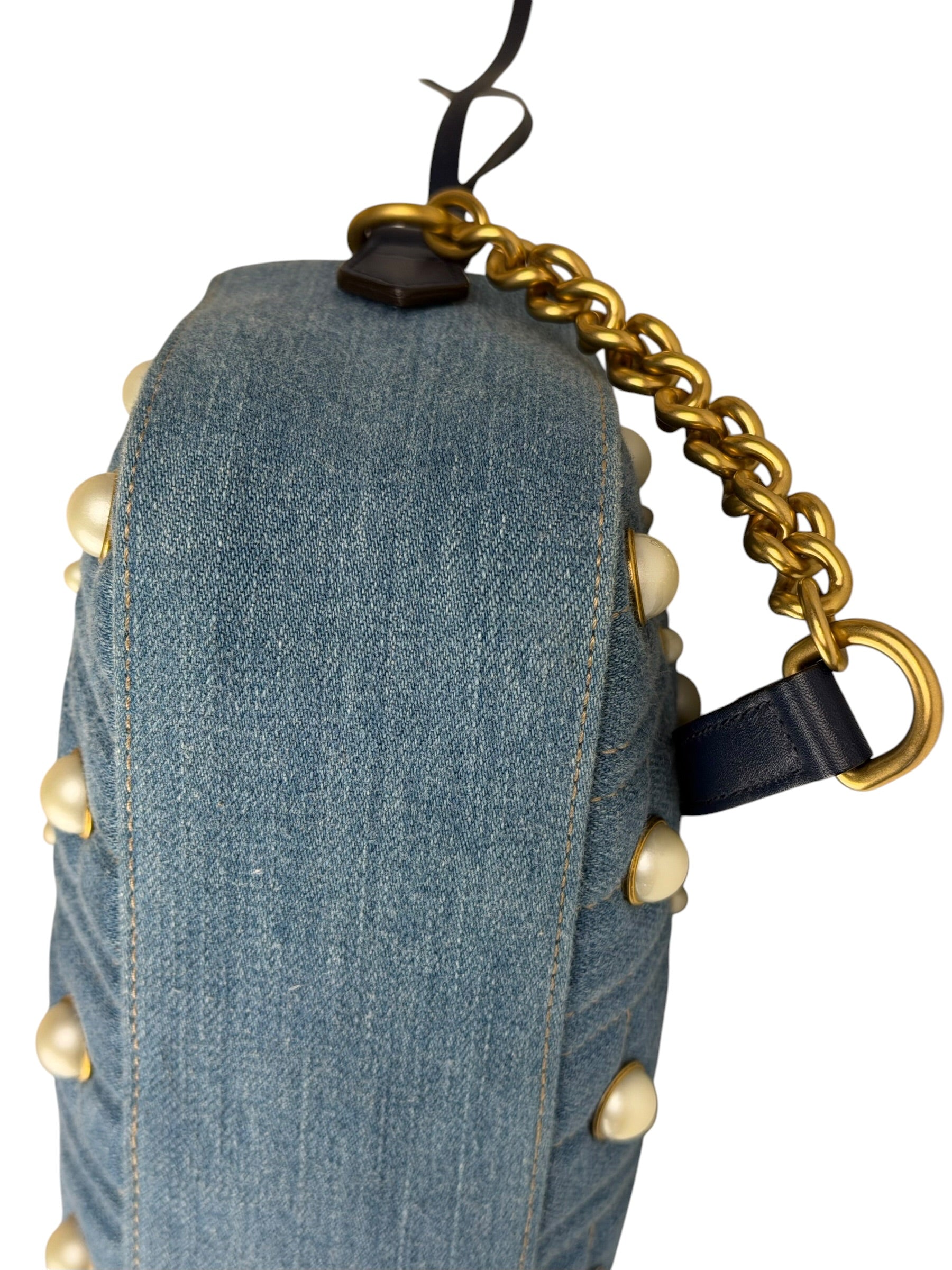 Gucci Blue Denim GG Marmont Pearl Camera Bag