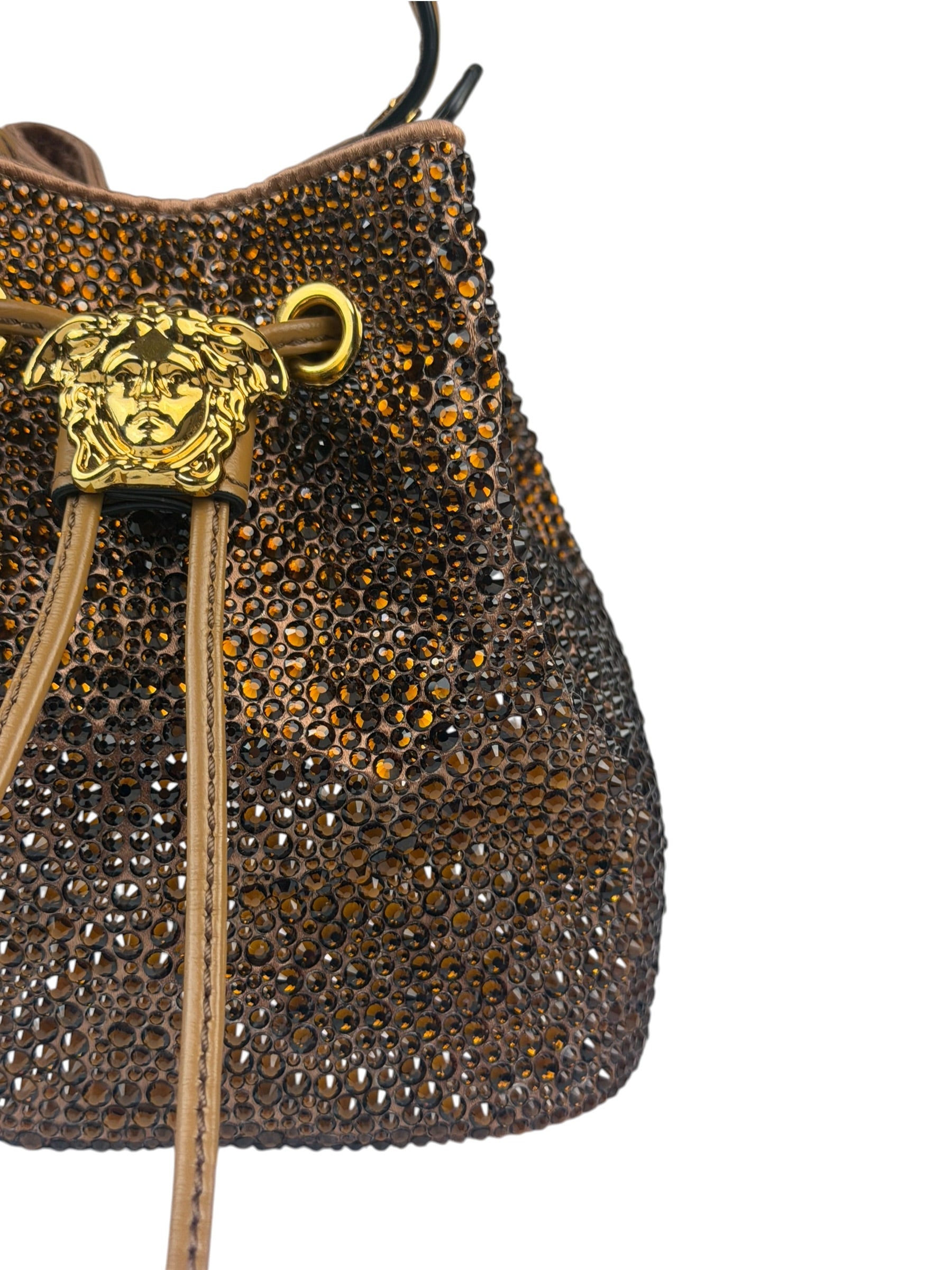 Versace La Medusa Brown Satin Crystal Embellished Mini Bucket Bag