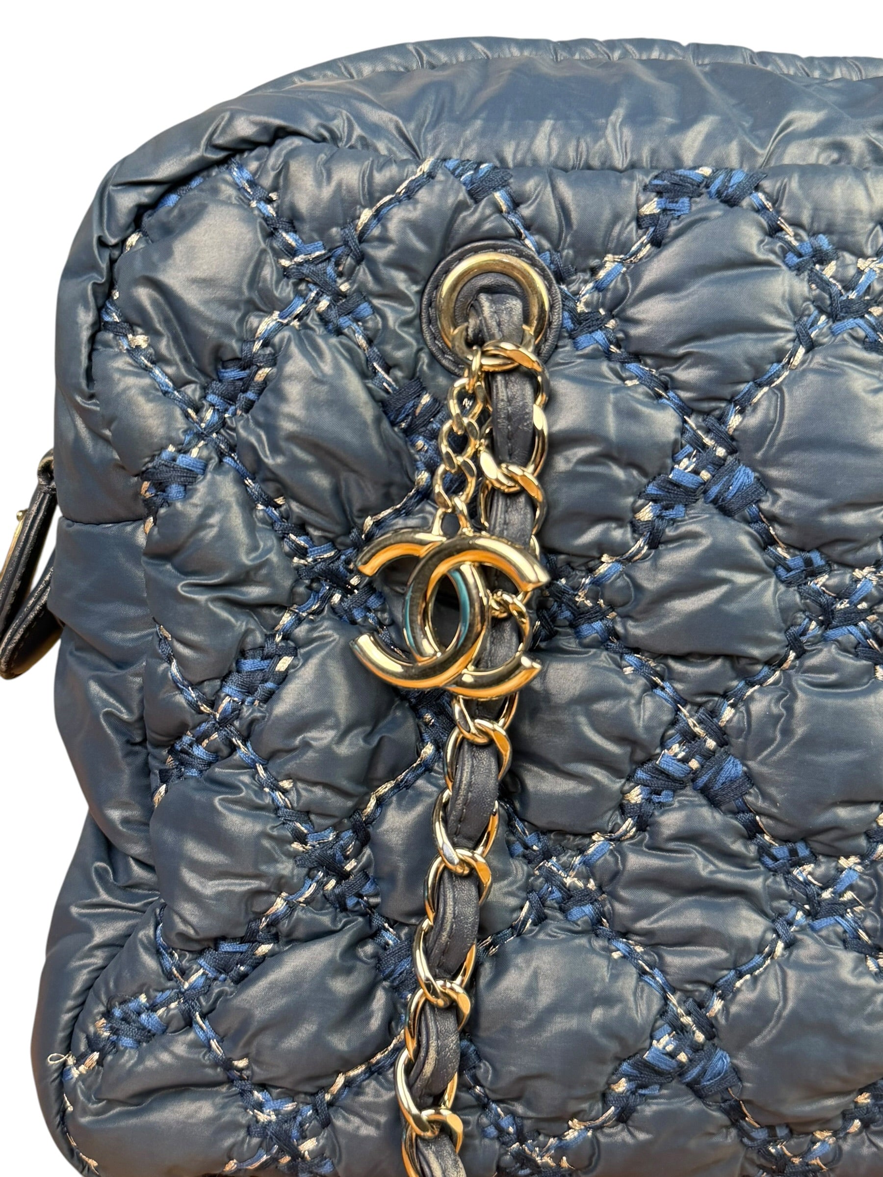 Chanel Blue Leather Trim/Nylon Tweed Stitch Puffer Chain Shoulder Bag 2010