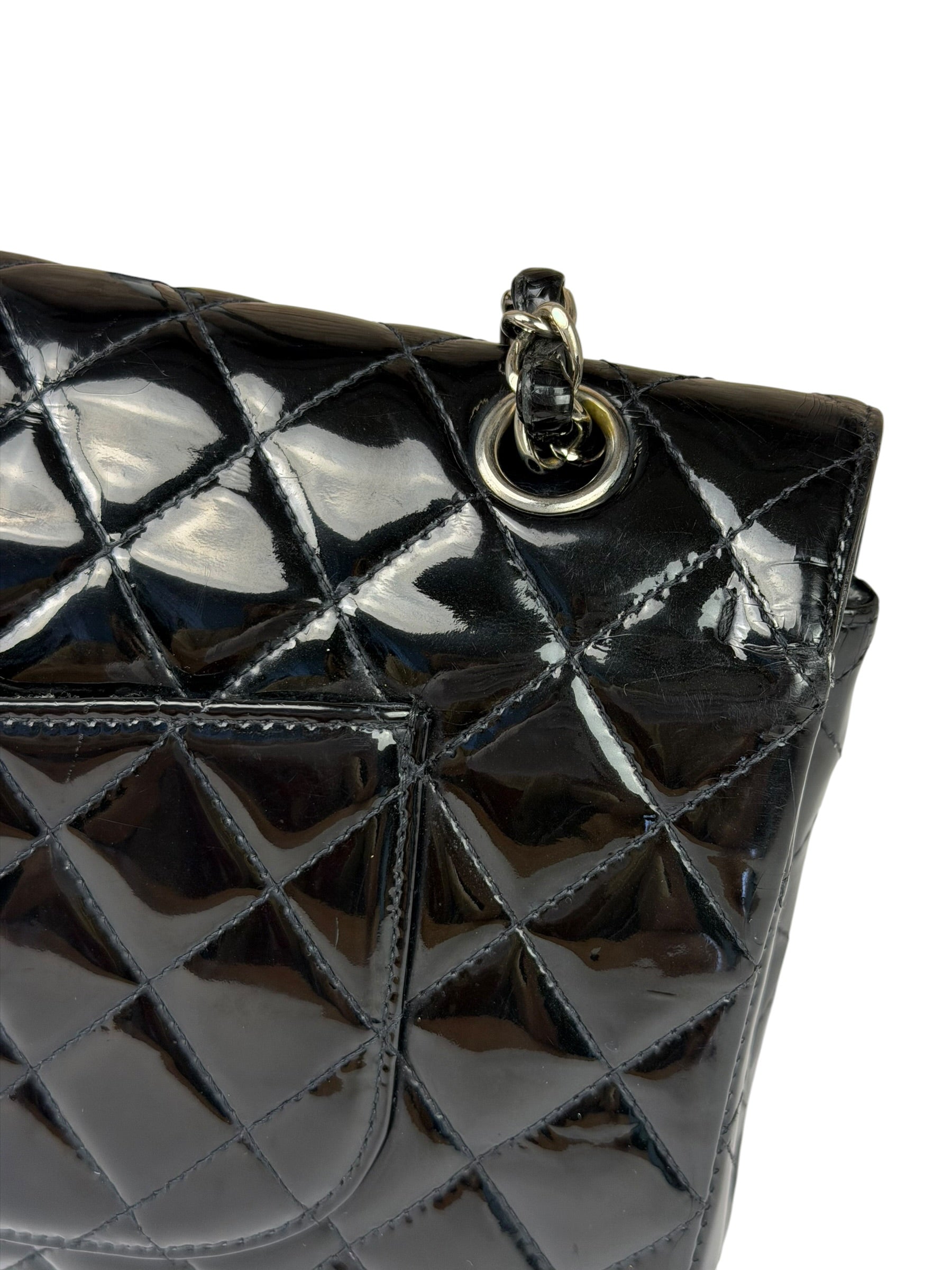 Chanel Black Patent Quilted Leather Double Flap Bag