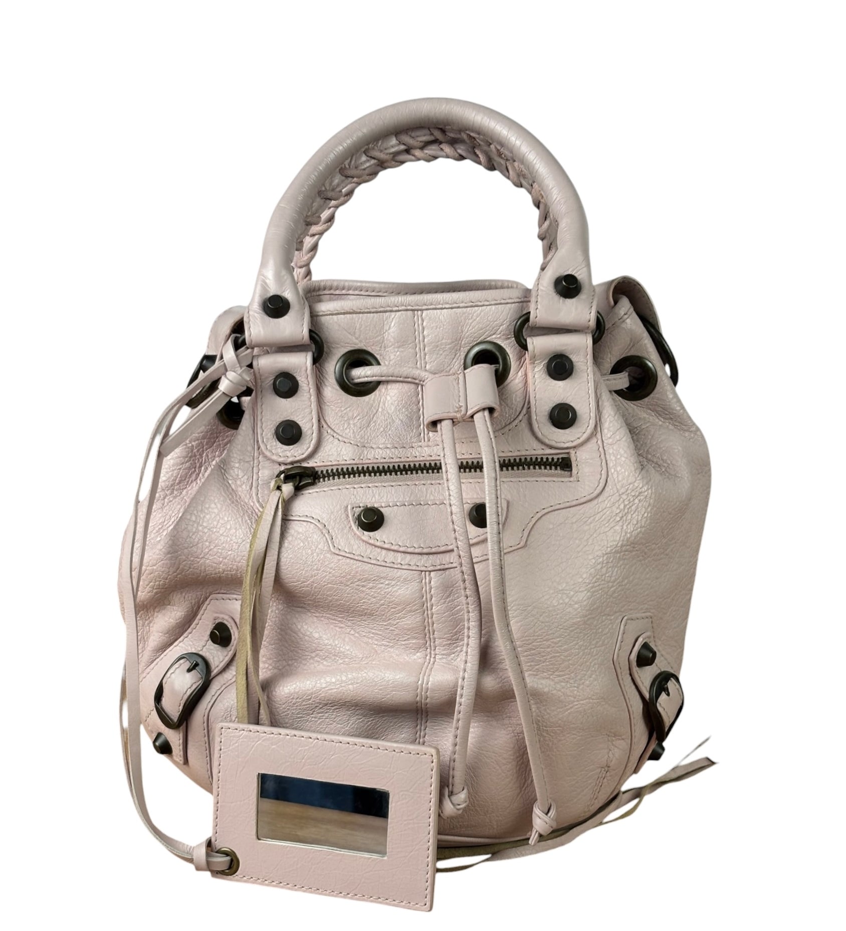 Balenciaga Baby Pink Leather Pompon Moto City 2Way Bucket Bag