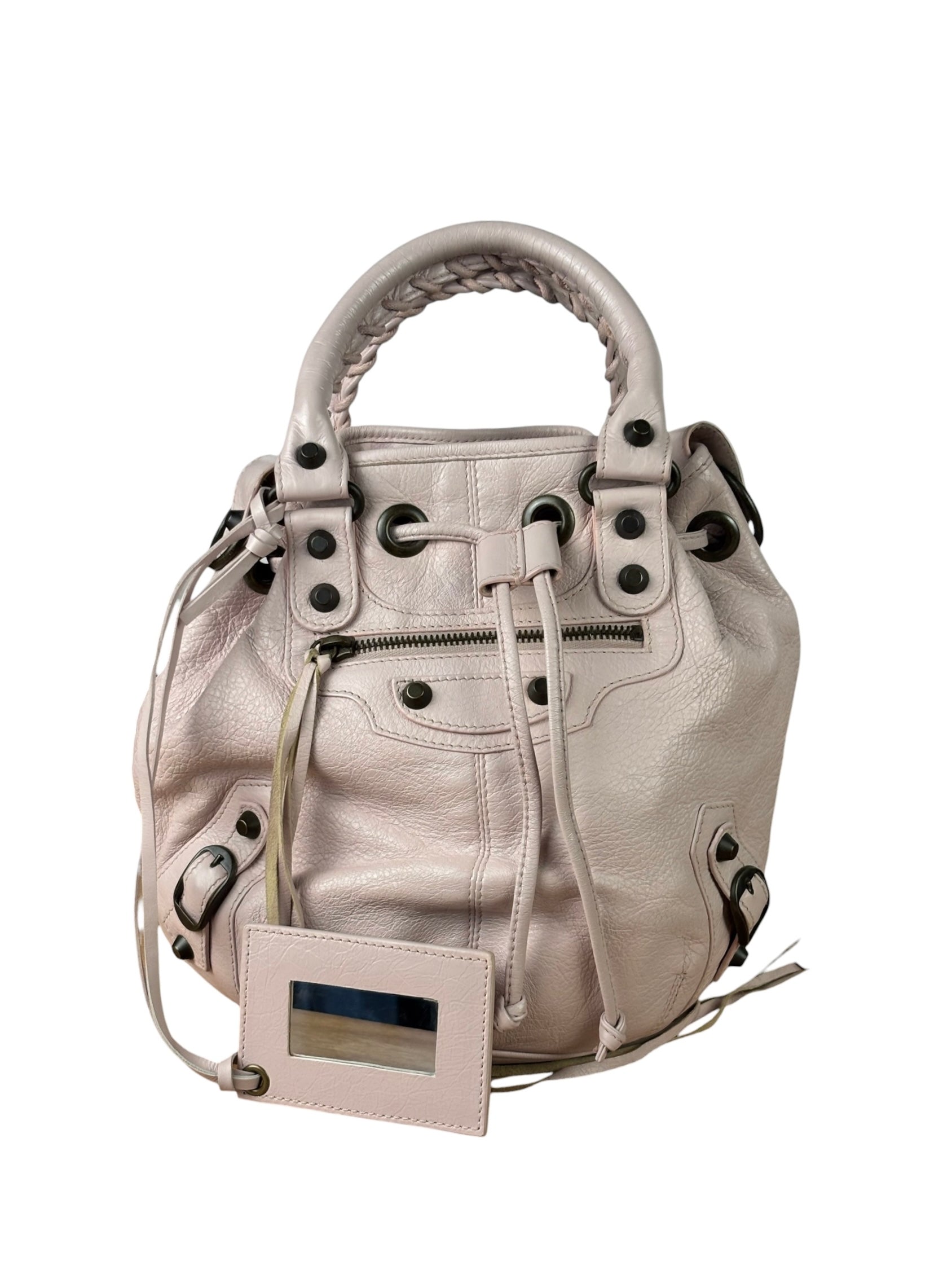 Balenciaga Baby Pink Leather Pompon Moto City 2Way Bucket Bag