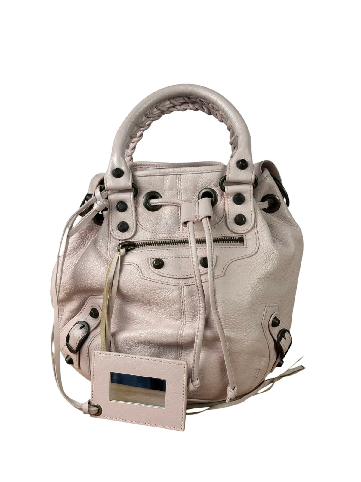Balenciaga Baby Pink Leather Pompon Moto City 2Way Bucket Bag