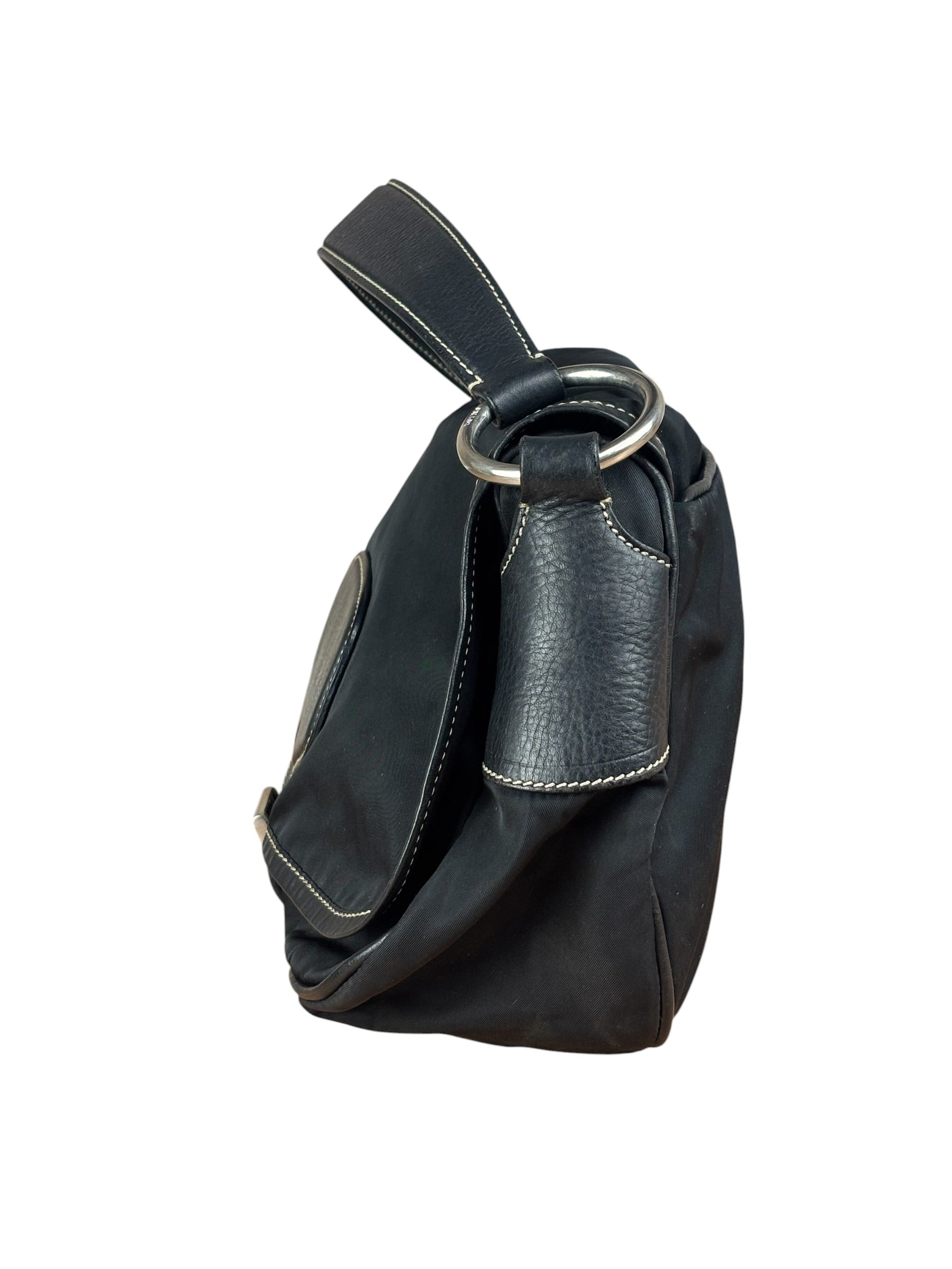 Damaged Prada Vintage Black Tessuto Nylon Leather Trim Saddle Flap Shoulder Bag