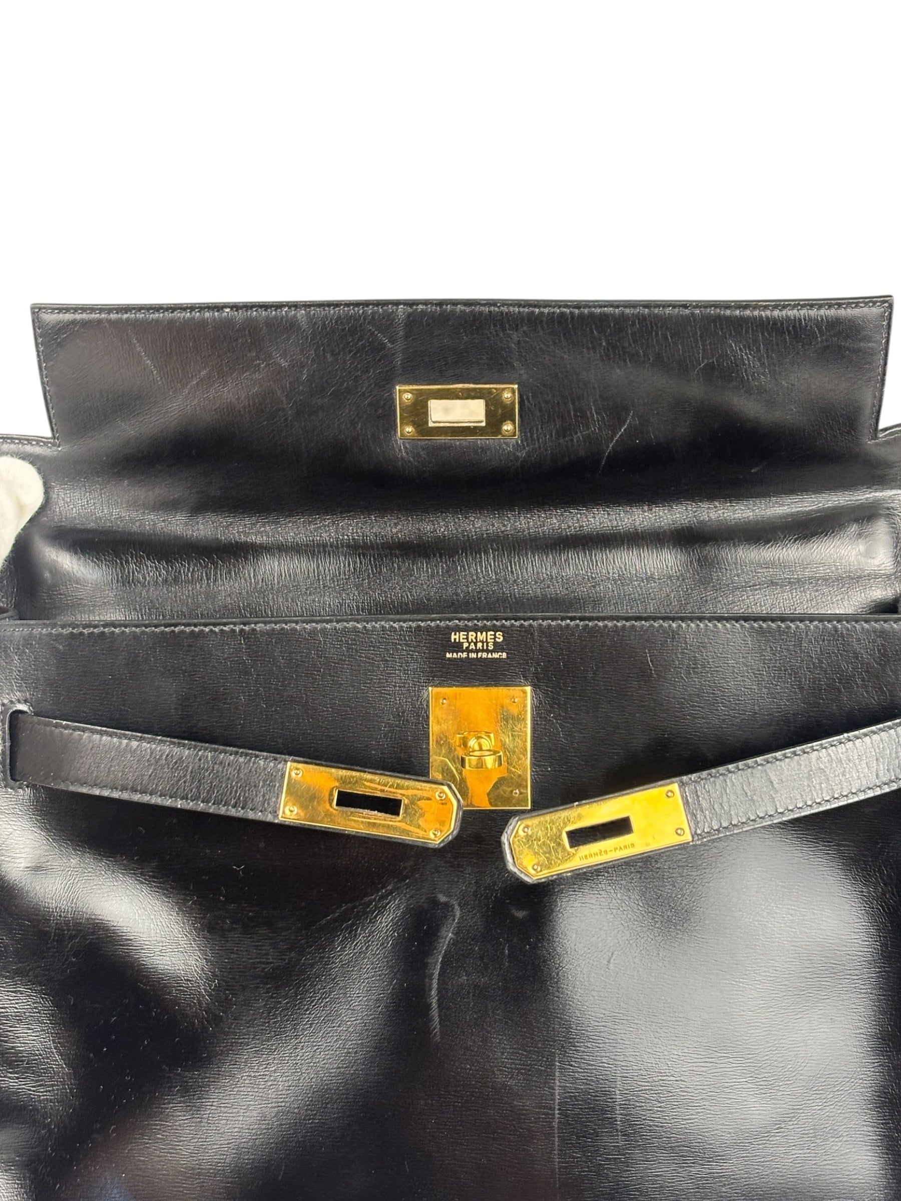 Hermes Black Box Leather Kelly 32 Handbag 1979