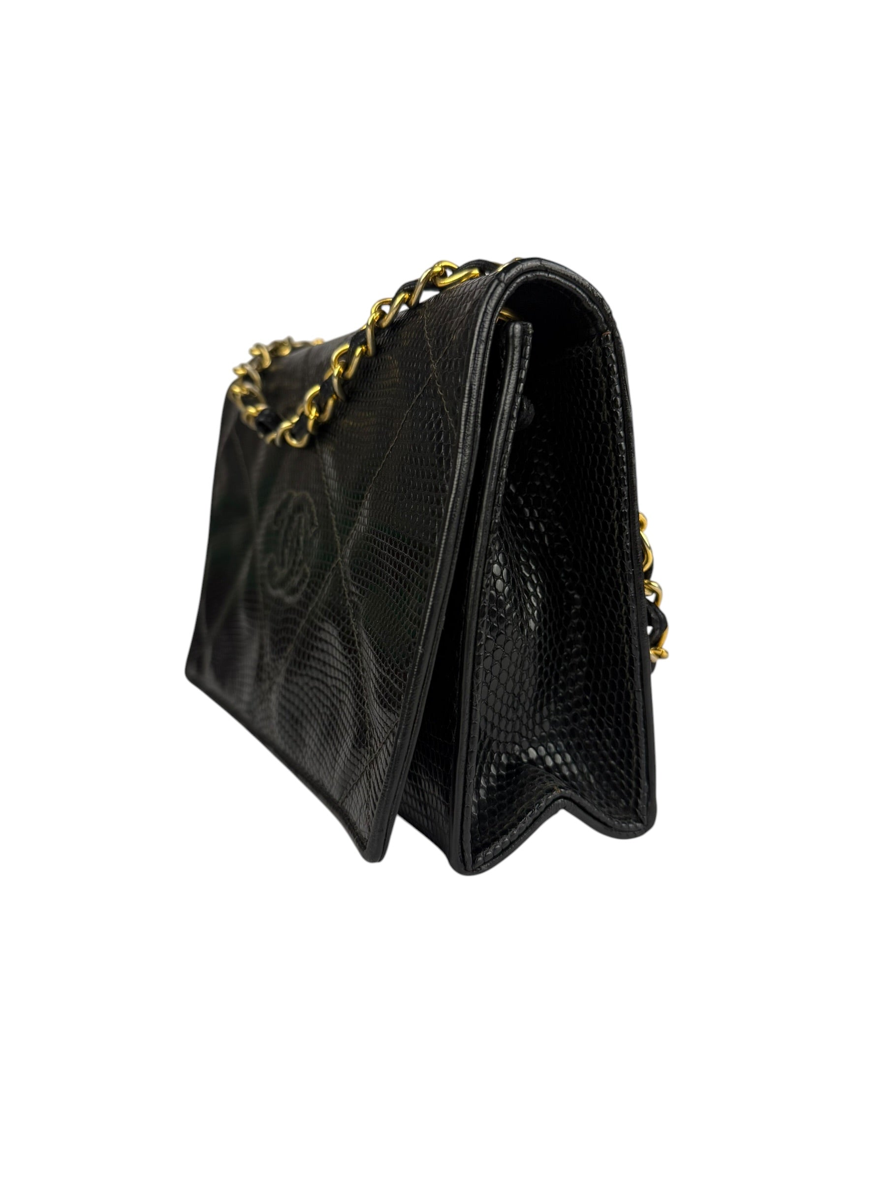 Chanel Vintage Black Lizard Leather Chain Flap Bag 1987