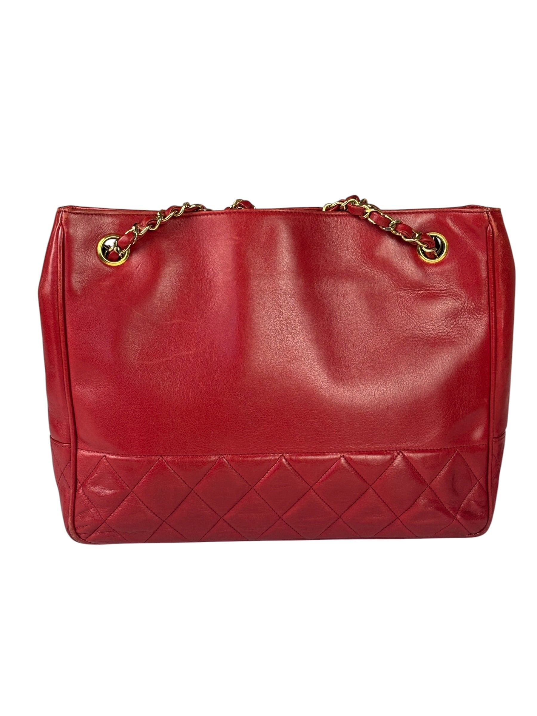 Chanel Red Quilted Lambskin Chain Tote Bag 1990