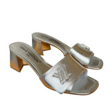 Louis Vuitton Silver Leather Shake Mules LV Crystal Embellished