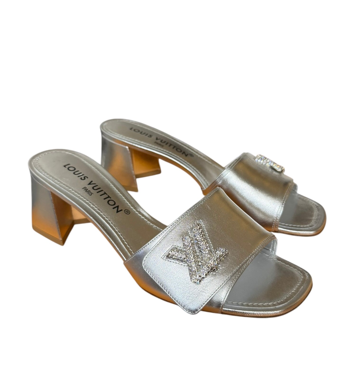 Louis Vuitton Silver Leather Shake Mules LV Crystal Embellished