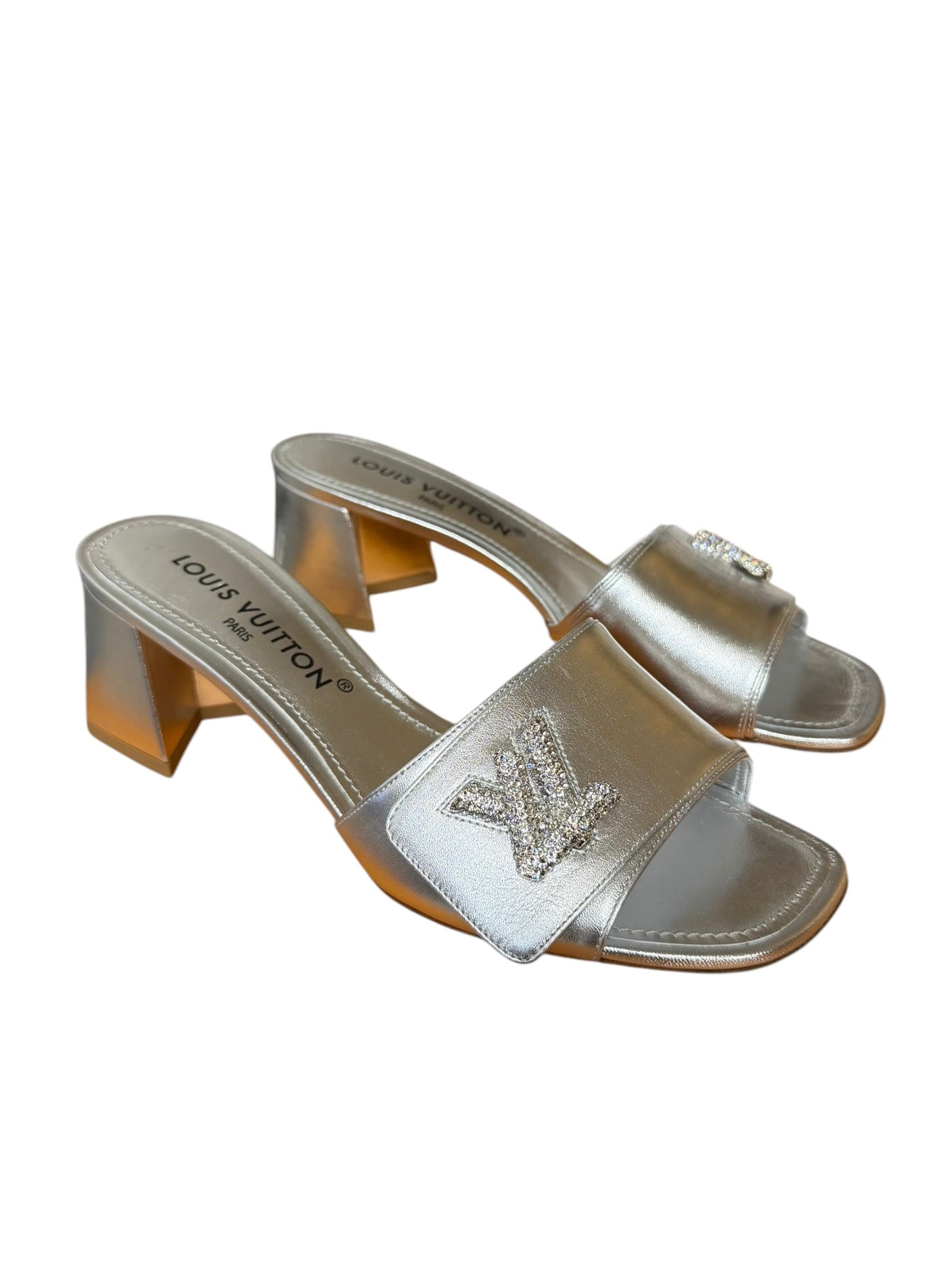 Louis Vuitton Silver Leather Shake Mules LV Crystal Embellished