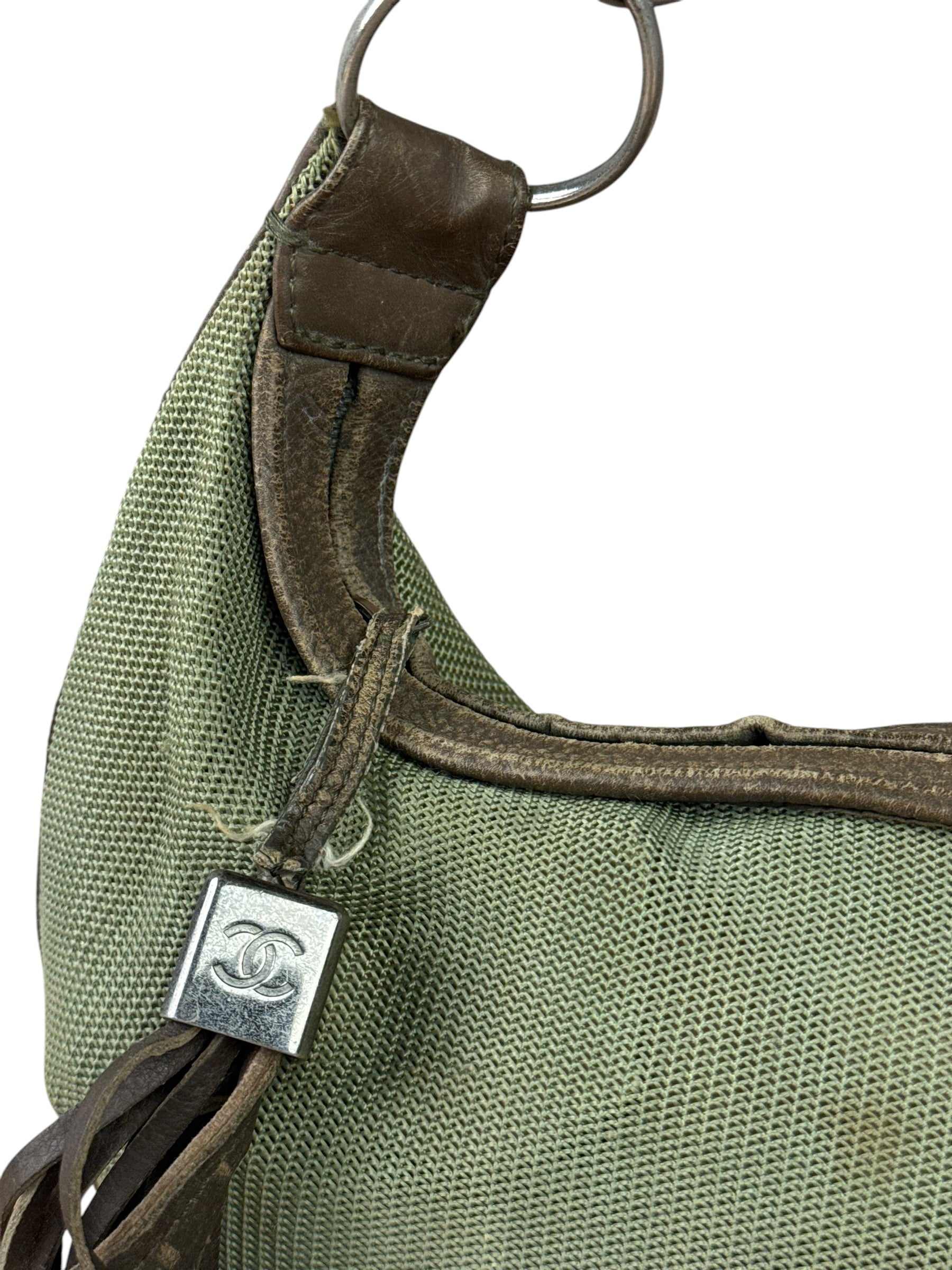 Chanel Olive Green/Brown Leather Trim Interlocking Ring Strap Hobo Bag 2003