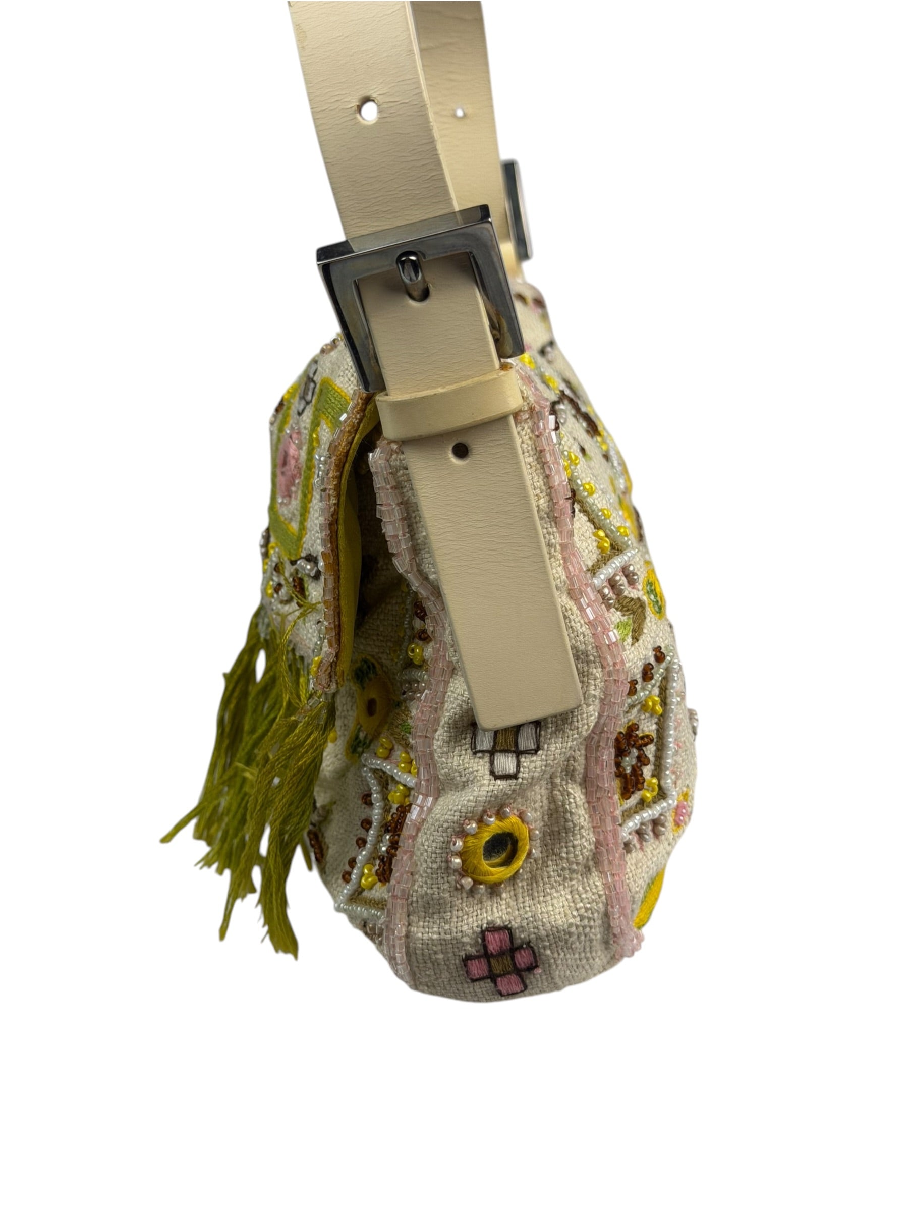 Fendi Cream Leather Trim Beaded Baguette