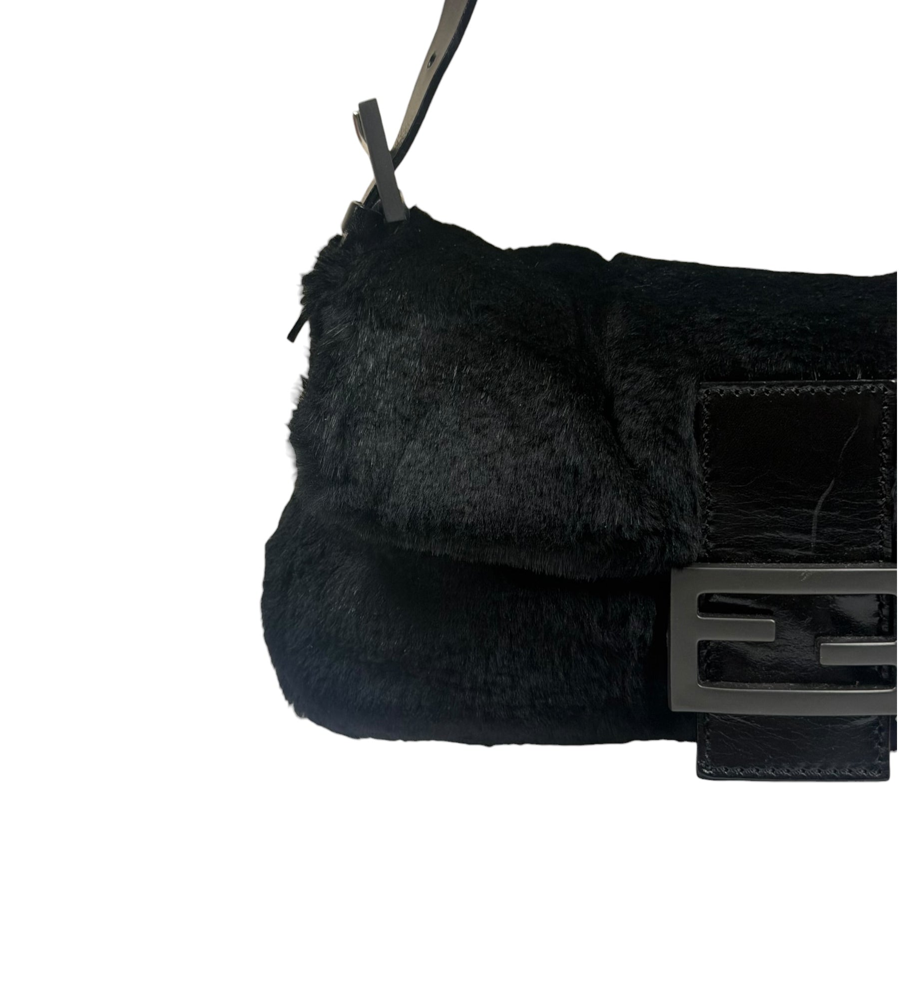 Fendi Black Shearling/Leather Trim Baguette