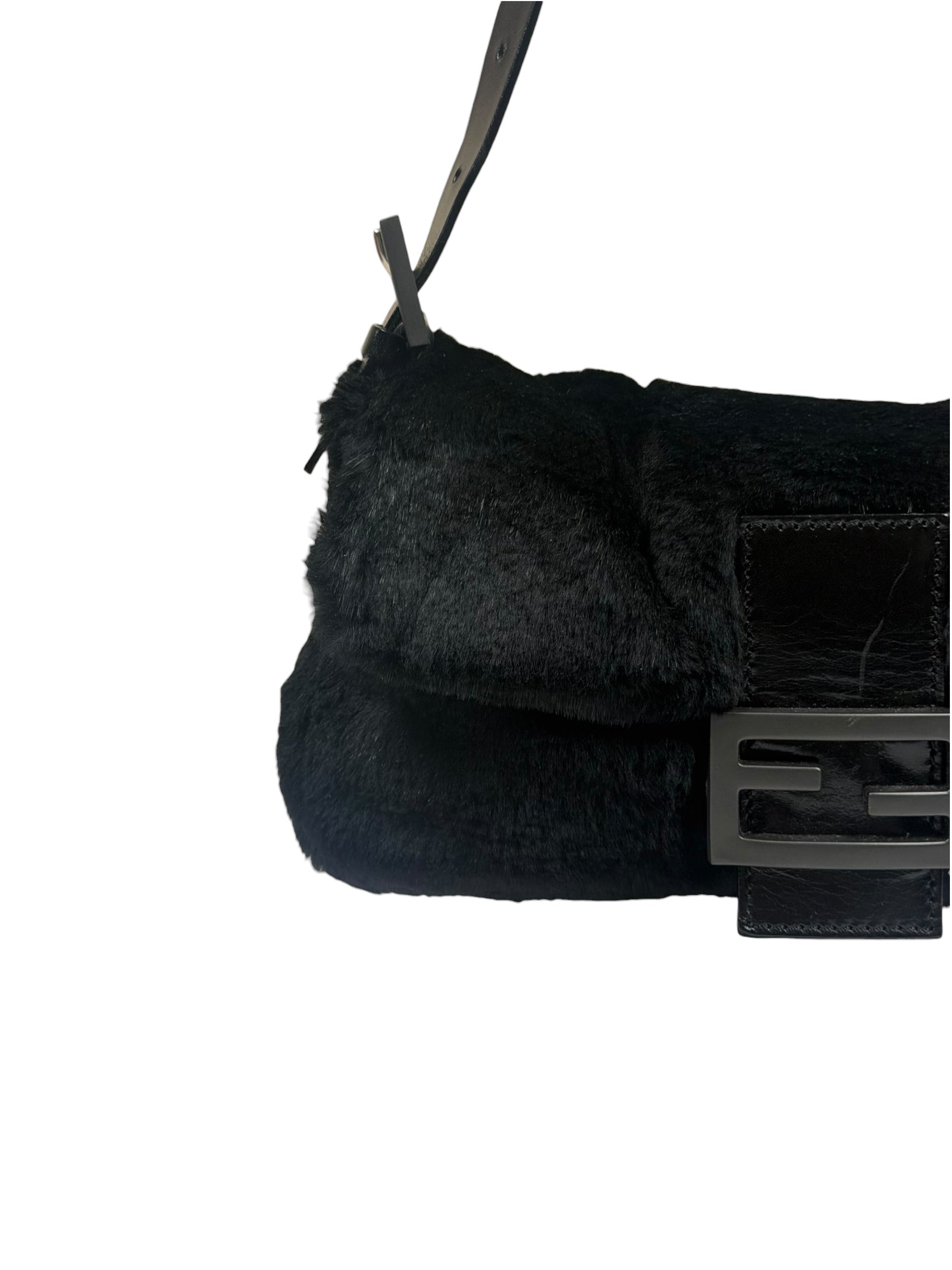 Fendi Black Shearling/Leather Trim Baguette