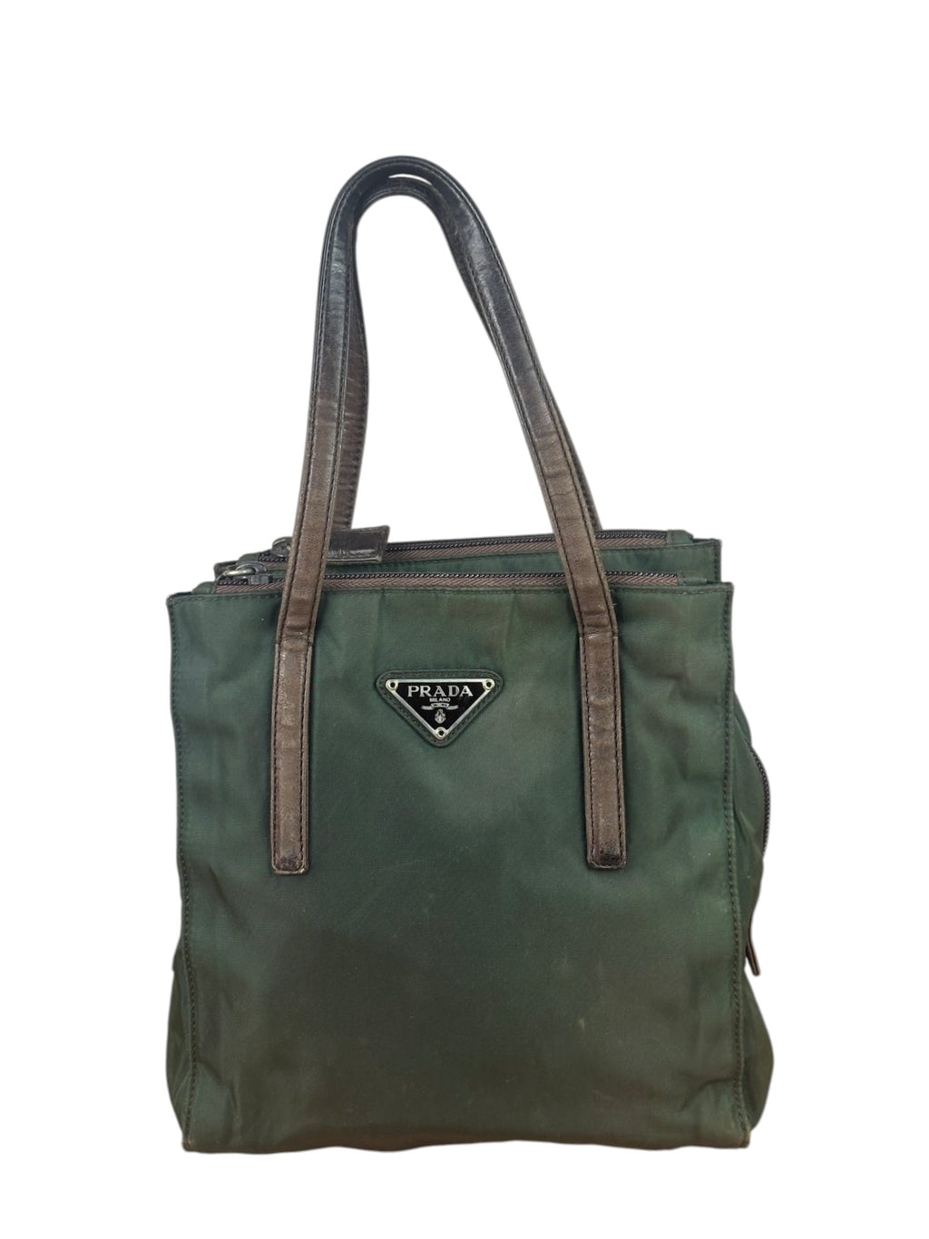 Prada Green/Brown Leather Trim/Nylon Tote