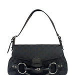 Gucci Black Leather Trim Horsebit GG Chain Shoulder Bag