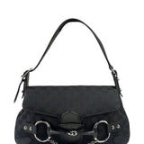 Gucci Black Leather Trim Horsebit GG Chain Shoulder Bag