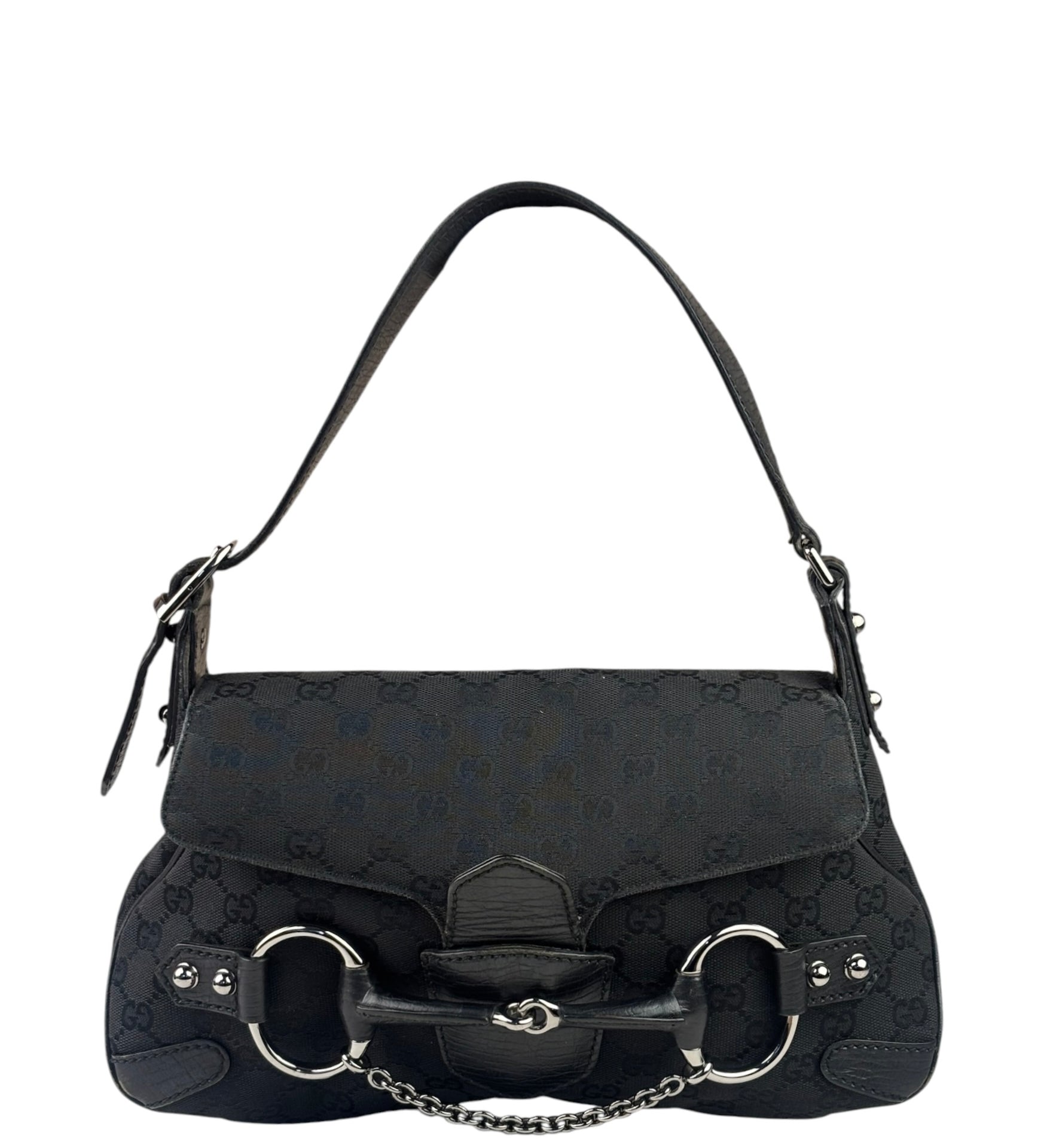 Gucci Black Leather Trim Horsebit GG Chain Shoulder Bag
