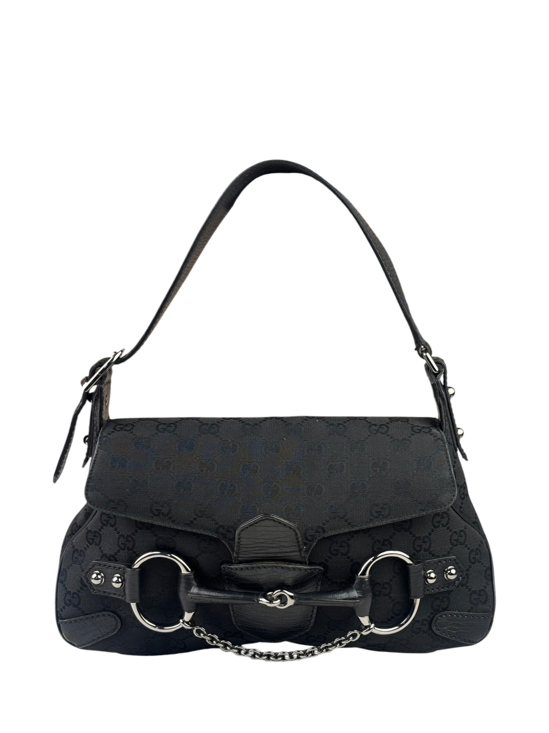 Gucci Black Leather Trim Horsebit GG Chain Shoulder Bag