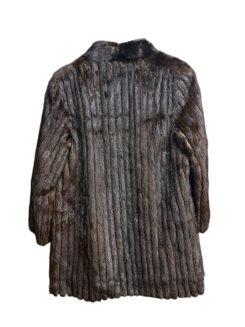 Vintage Dark Brown Leather Trim Striped Mink Fur