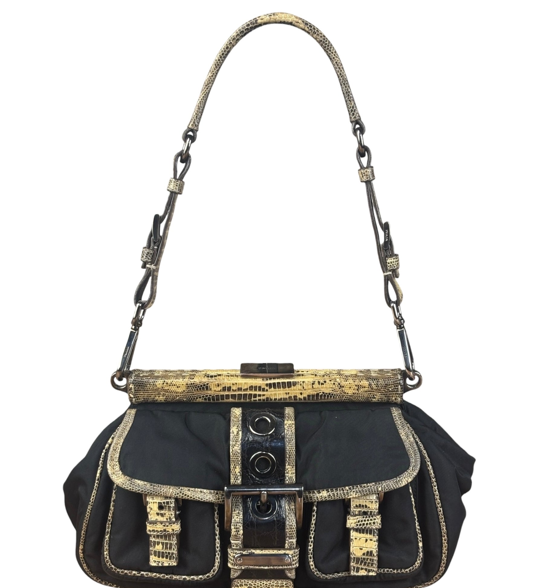 Prada Vintage Tessuto Lucertola Black Lizard Shoulder Bag