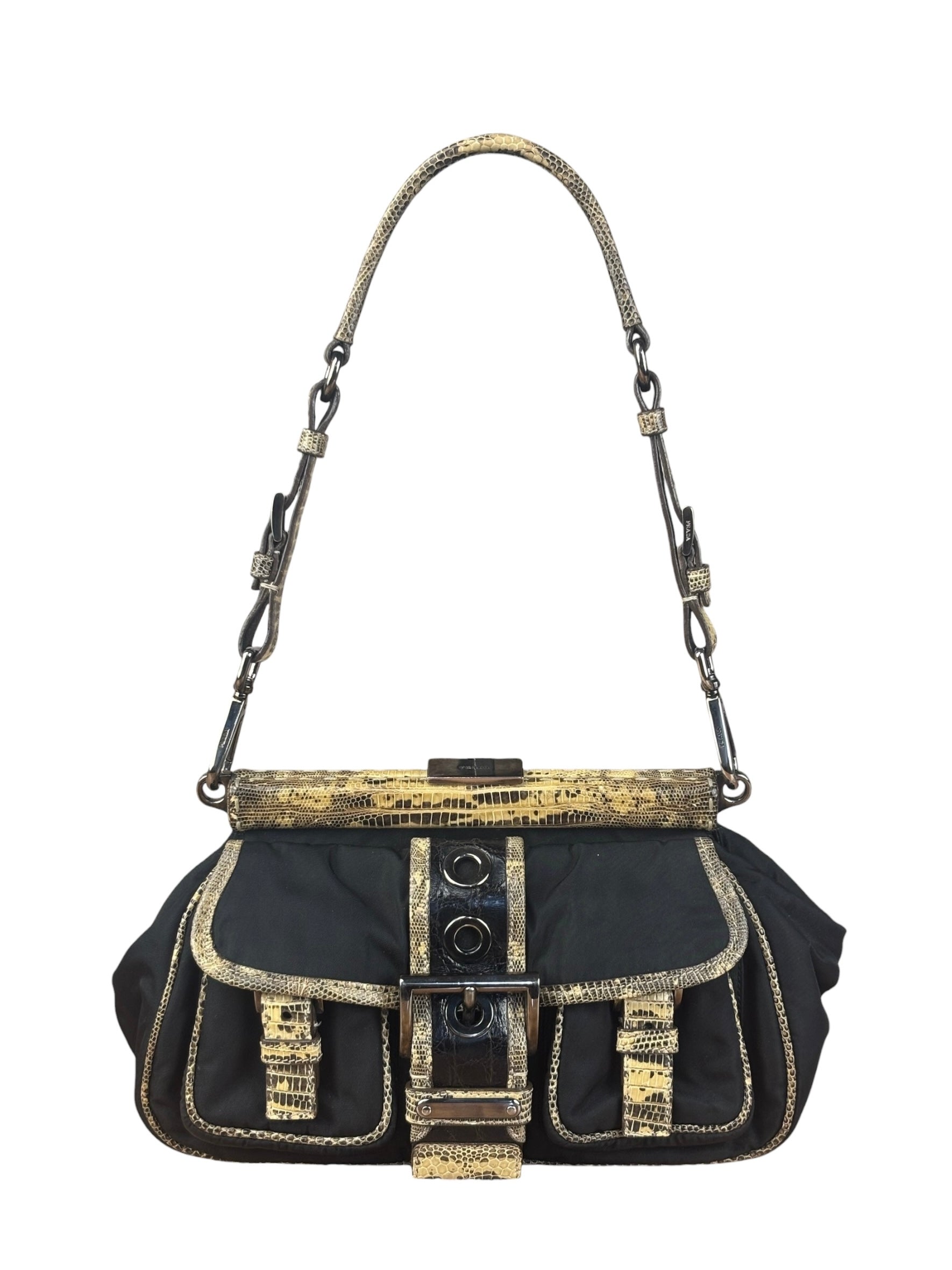 Prada Vintage Tessuto Lucertola Black Lizard Shoulder Bag