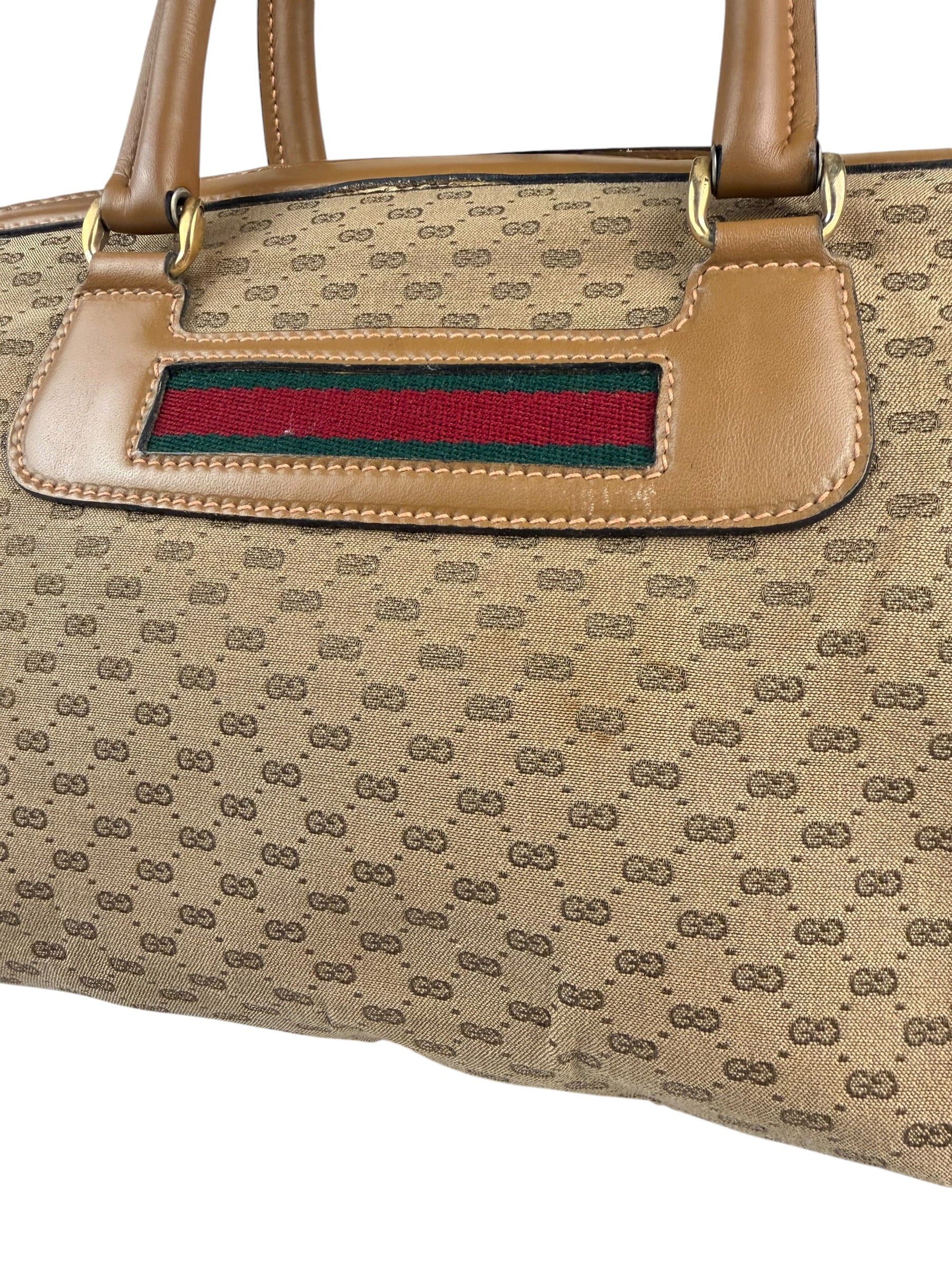 Gucci Brown Leather Trim Micro GG Sherry Line Boston Handbag