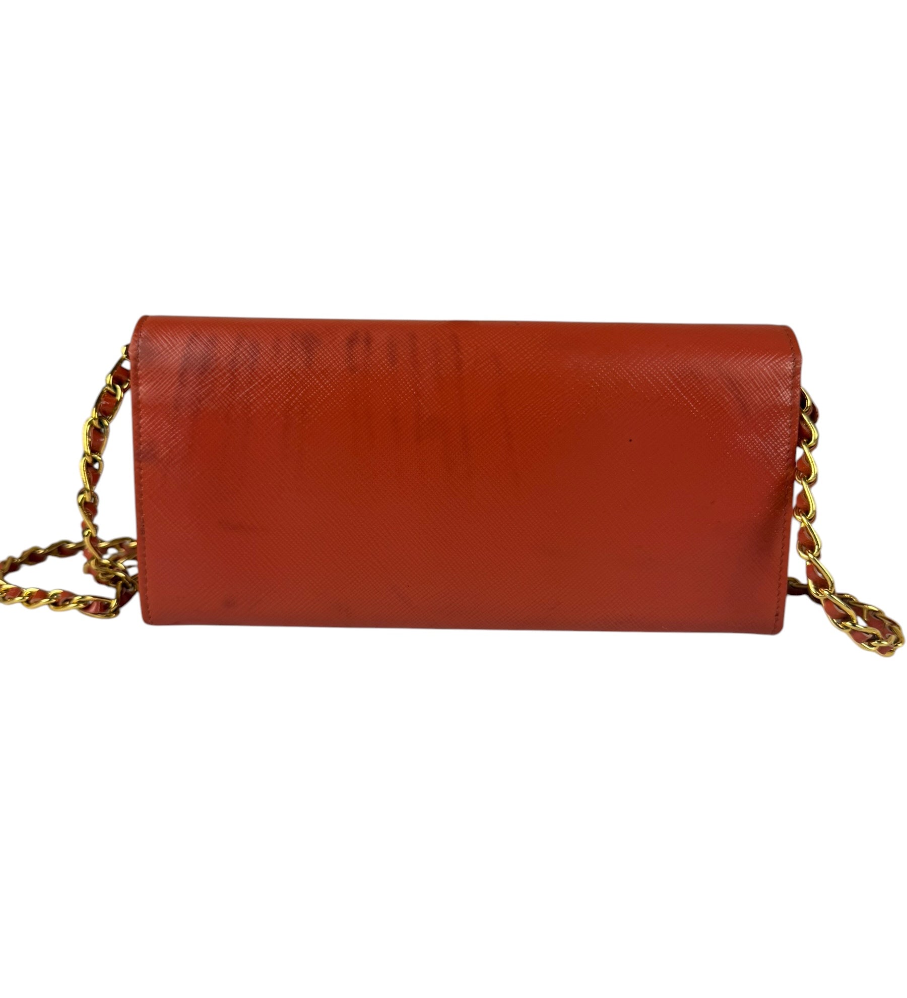 Prada Coral-Red Saffiano Leather Wallet On Chain
